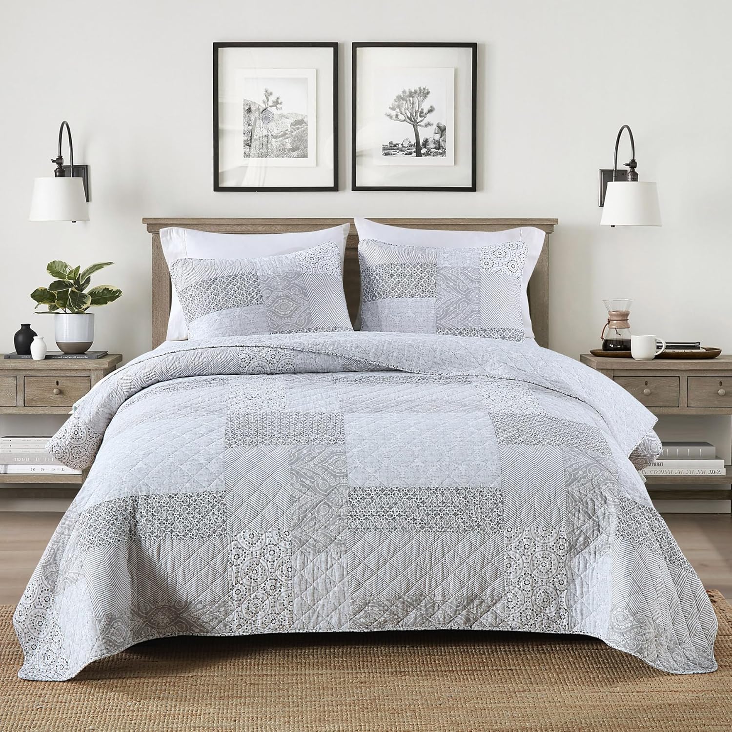 Secgo Queen Comforter Set for Bed - 100% Cotton Quilts Queen Size, Green, Sage Bedspreads (90 * 98 Inch) with 2 Pillow Shams, Patchwork Reversible Lightweight Bedding