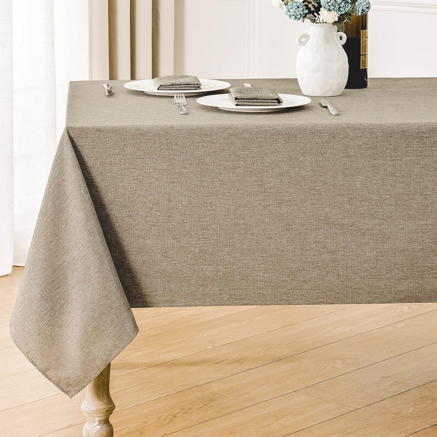 2 Pack Rectangle Tablecloth, 60x120 inch, Water Resistant Wrinkle Free Linen Textured Table Cloth Washable, Decorative Fabric Table Cover for Dining, Party and Camping, Beige