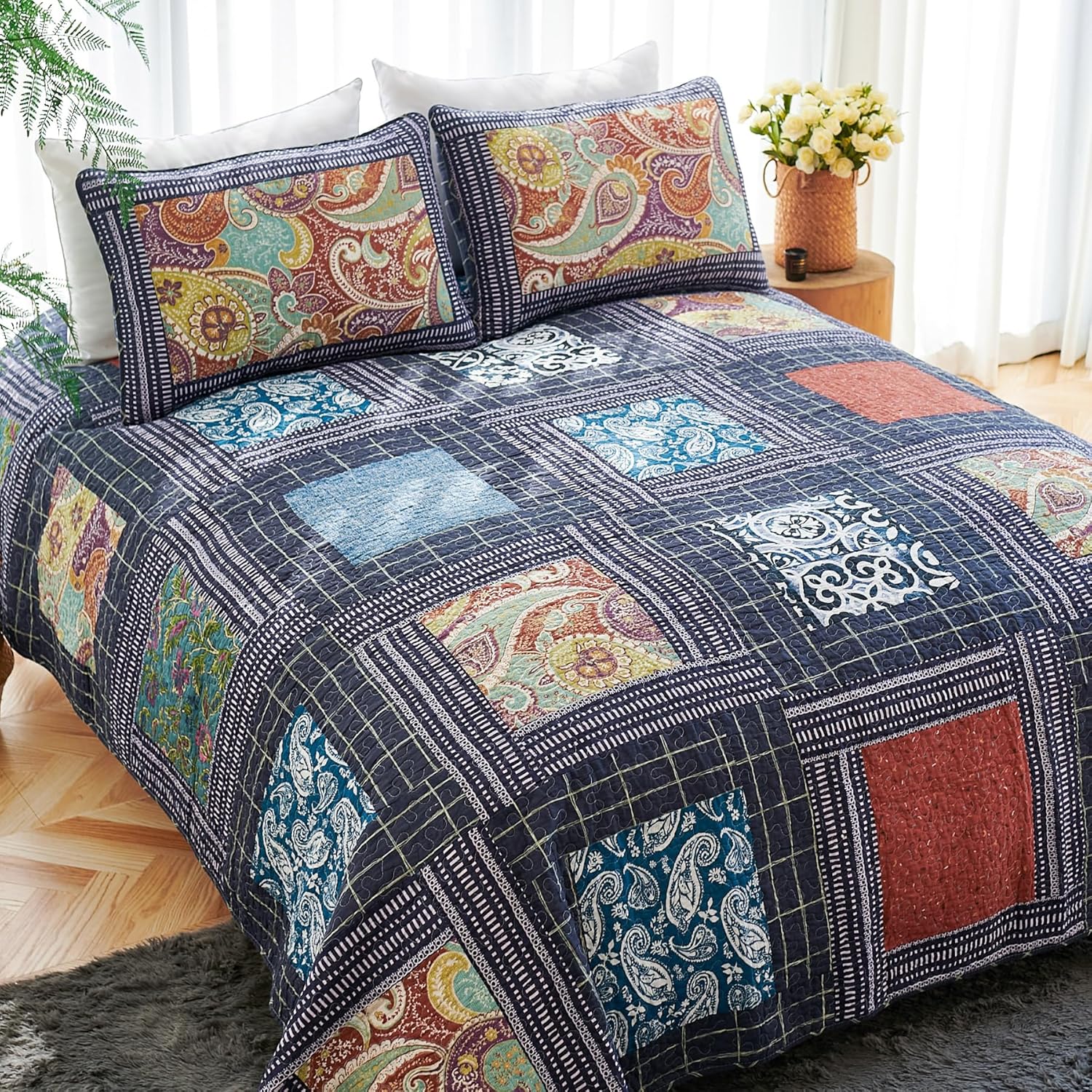 Secgo Queen Comforter Set for Bed - 100% Cotton Quilts Queen Size, Green, Sage Bedspreads (90 * 98 Inch) with 2 Pillow Shams, Patchwork Reversible Lightweight Bedding