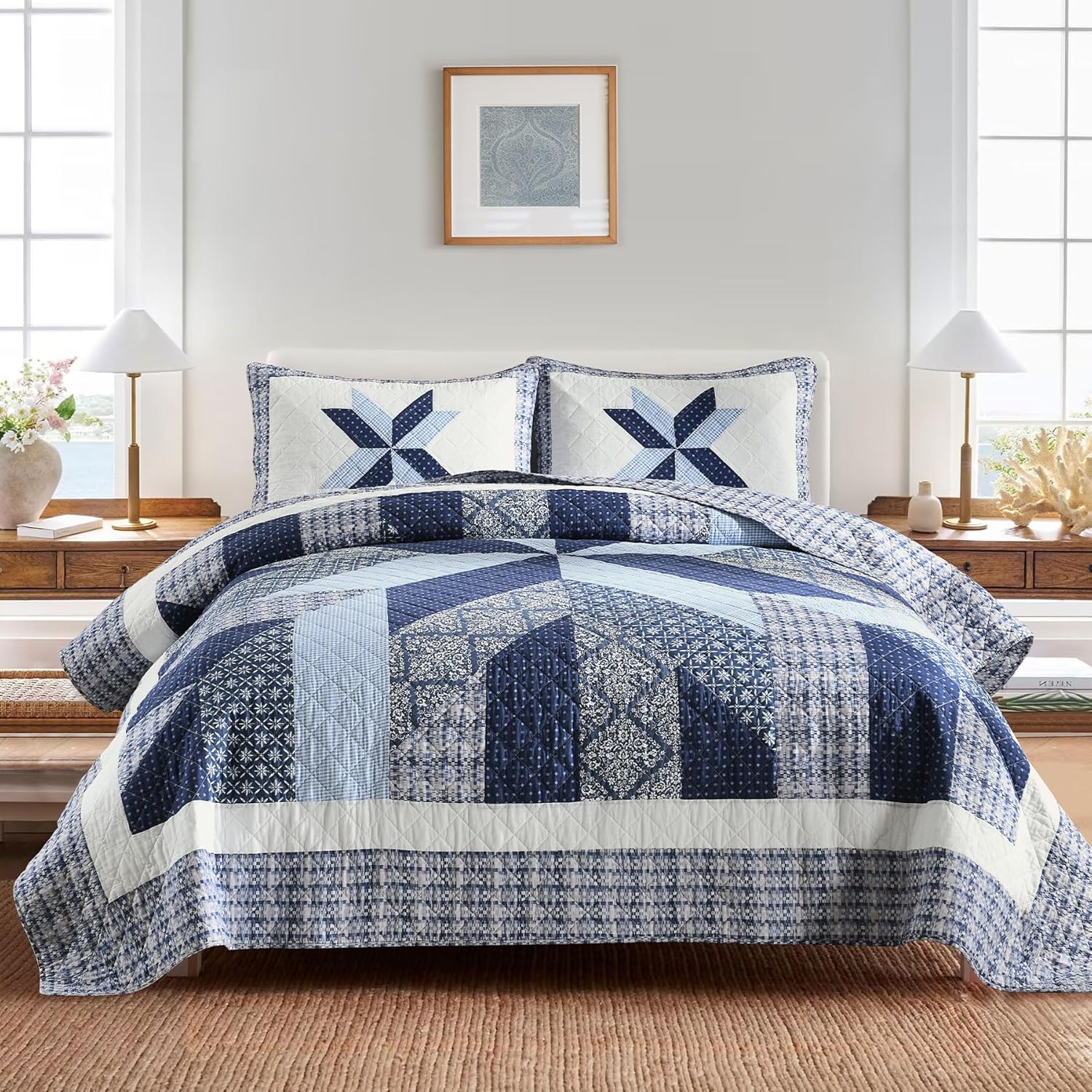 Secgo Queen Comforter Set for Bed - 100% Cotton Quilts Queen Size, Green, Sage Bedspreads (90 * 98 Inch) with 2 Pillow Shams, Patchwork Reversible Lightweight Bedding