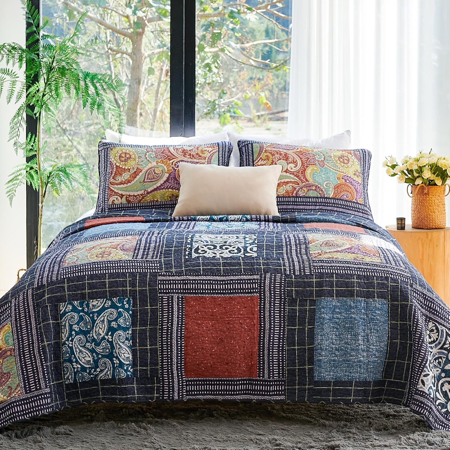 Secgo Queen Comforter Set for Bed - 100% Cotton Quilts Queen Size, Green, Sage Bedspreads (90 * 98 Inch) with 2 Pillow Shams, Patchwork Reversible Lightweight Bedding