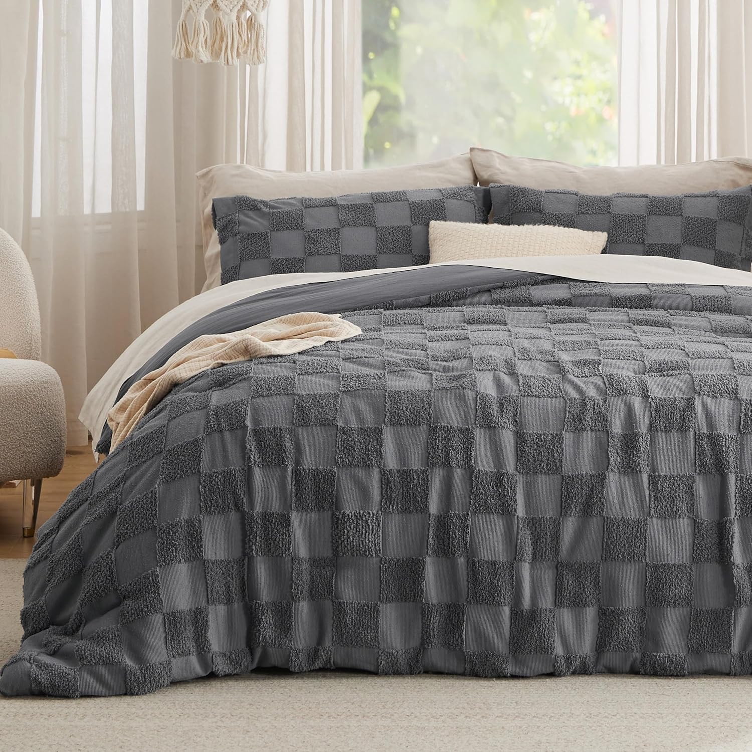 Bedsure King Size Comforter Set Beige, Boho Tufted Bed Set, Checkered Farmhouse Shabby Chic Bedding, 3 Pieces, 1 Plaid Geometric Comforter and 2 Pillow Shams