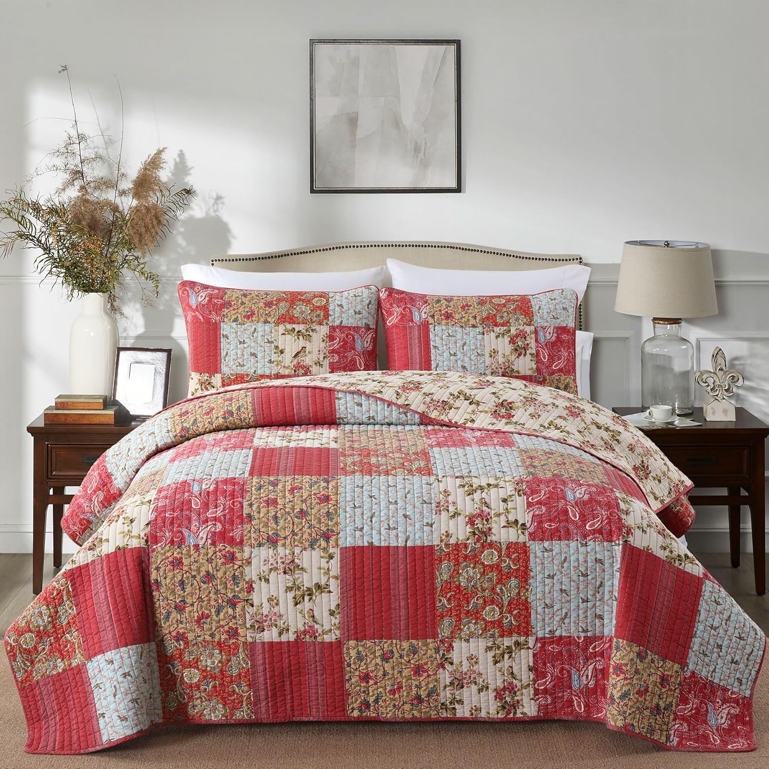 Secgo Queen Comforter Set for Bed - 100% Cotton Quilts Queen Size, Green, Sage Bedspreads (90 * 98 Inch) with 2 Pillow Shams, Patchwork Reversible Lightweight Bedding