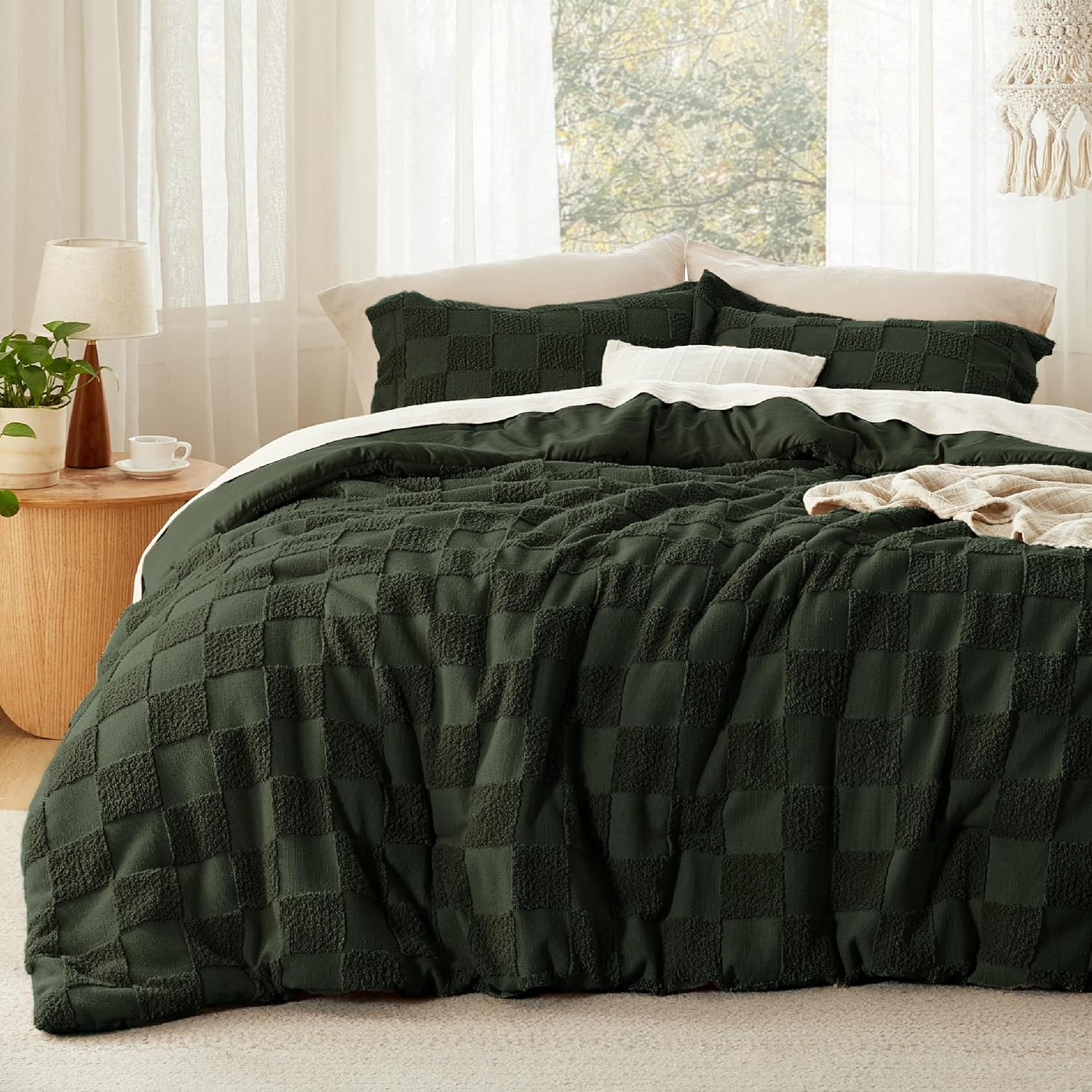 Bedsure King Size Comforter Set Beige, Boho Tufted Bed Set, Checkered Farmhouse Shabby Chic Bedding, 3 Pieces, 1 Plaid Geometric Comforter and 2 Pillow Shams