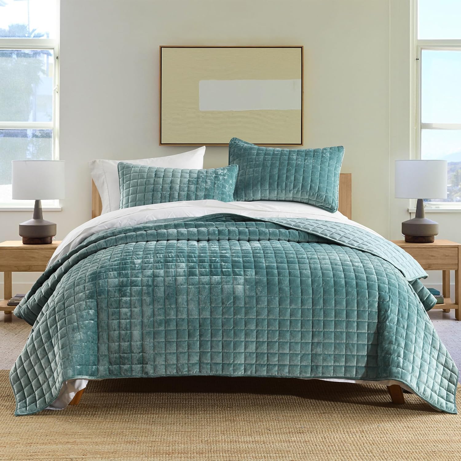 Secgo Queen Comforter Set for Bed - 100% Cotton Quilts Queen Size, Green, Sage Bedspreads (90 * 98 Inch) with 2 Pillow Shams, Patchwork Reversible Lightweight Bedding