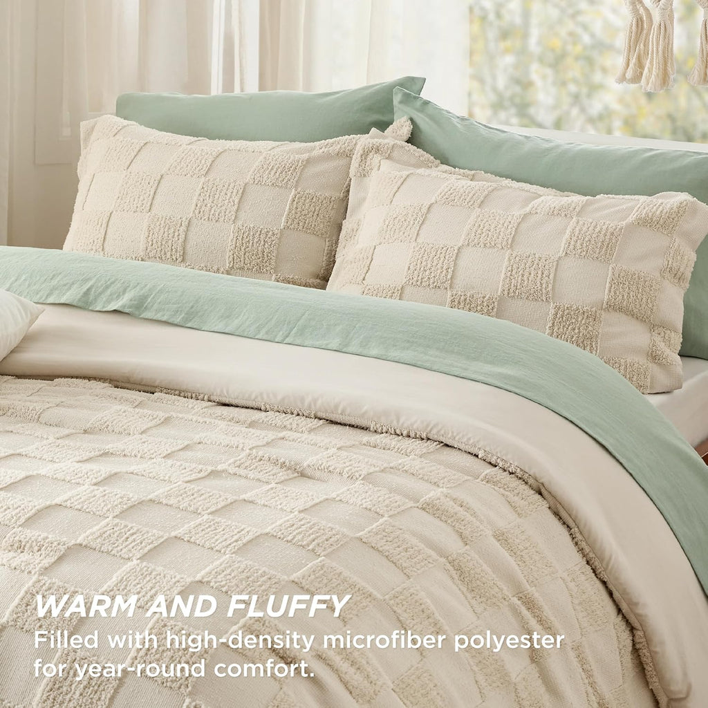Bedsure King Size Comforter Set Beige, Boho Tufted Bed Set, Checkered Farmhouse Shabby Chic Bedding, 3 Pieces, 1 Plaid Geometric Comforter and 2 Pillow Shams