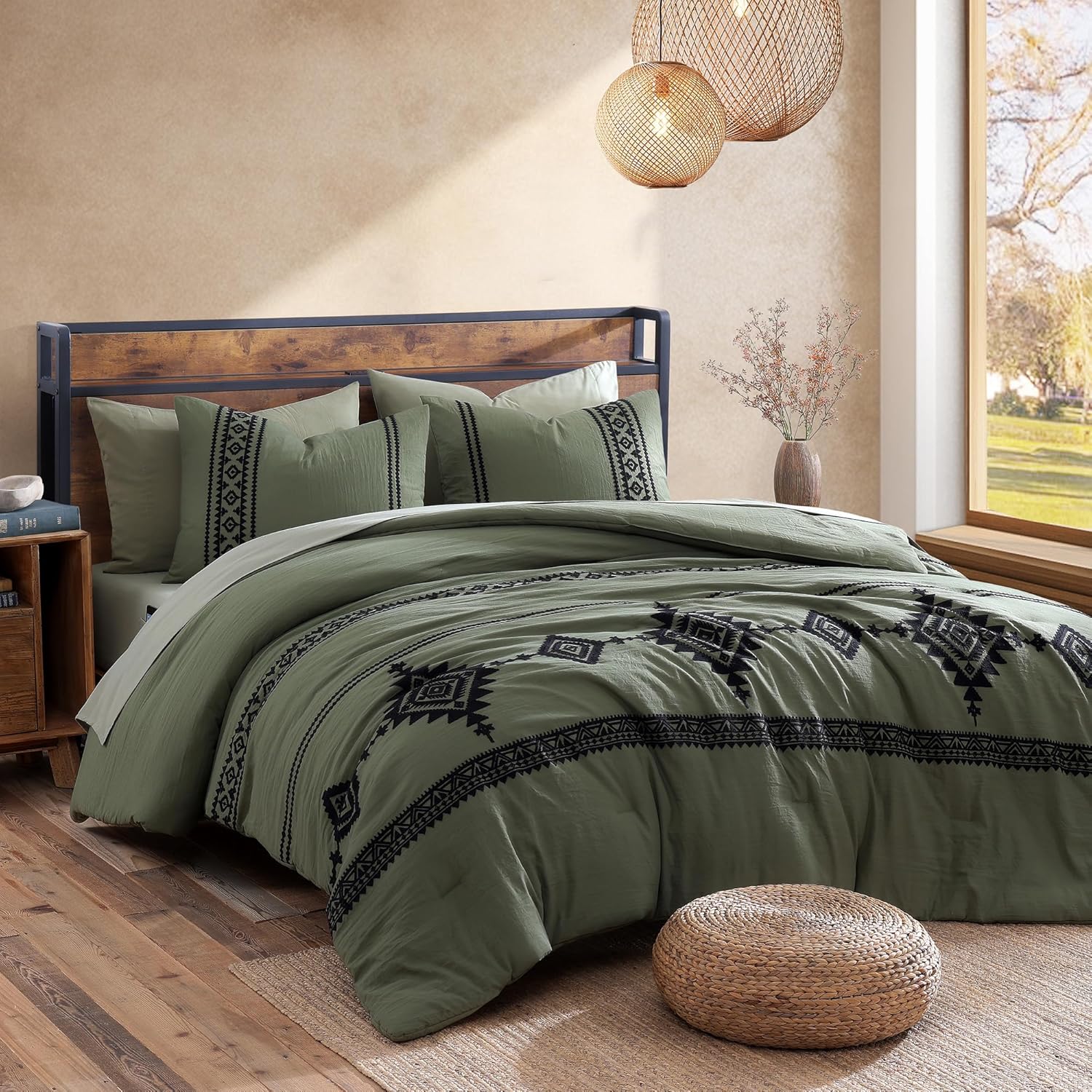 MaiRêve Embroidery Comforter Sets King Size Olive Green - 7 Pieces, Farmhouse Western Bedding Comforter Set, All Season Bed in A Bag King with Sheets, Comforters, Pillowcases & Shams