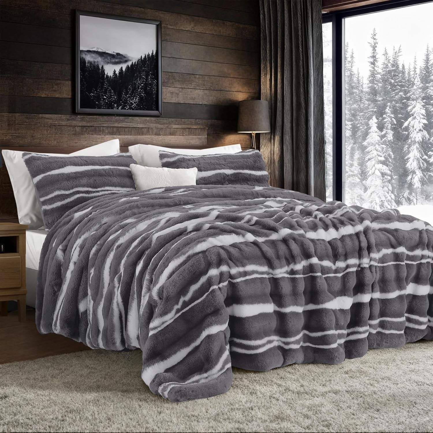 Wonderful 3 Pieces Fluffy Faux Rabbit Fur Bubble Comforter Set Queen Size, Tie-Dyeing Multiple Grey Plush Fuzzy Bedding Set, Warm Soft Bubble Comforter Bedding Set for Winter