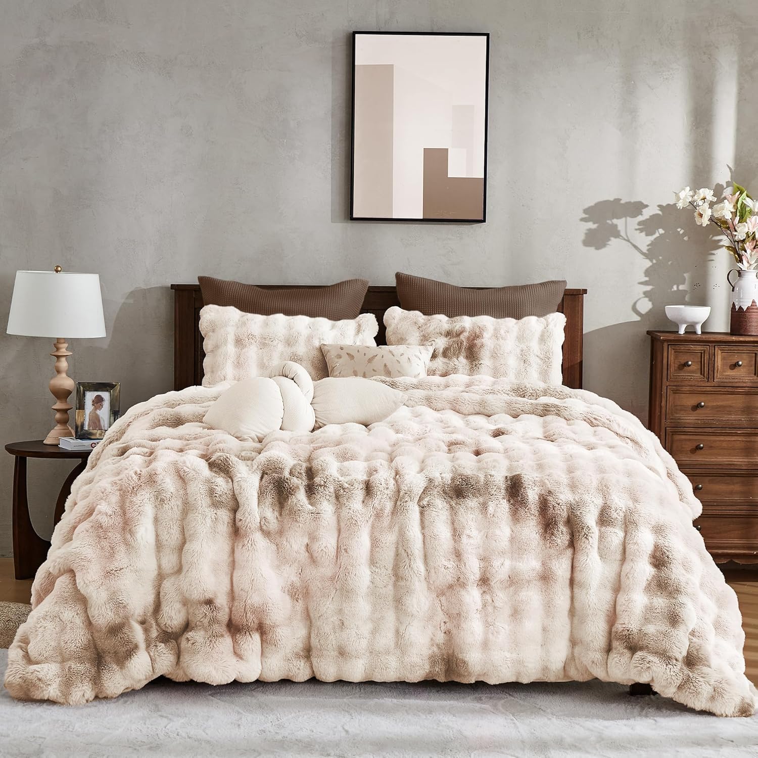 Wonderful 3 Pieces Fluffy Faux Rabbit Fur Bubble Comforter Set Queen Size, Tie-Dyeing Multiple Grey Plush Fuzzy Bedding Set, Warm Soft Bubble Comforter Bedding Set for Winter