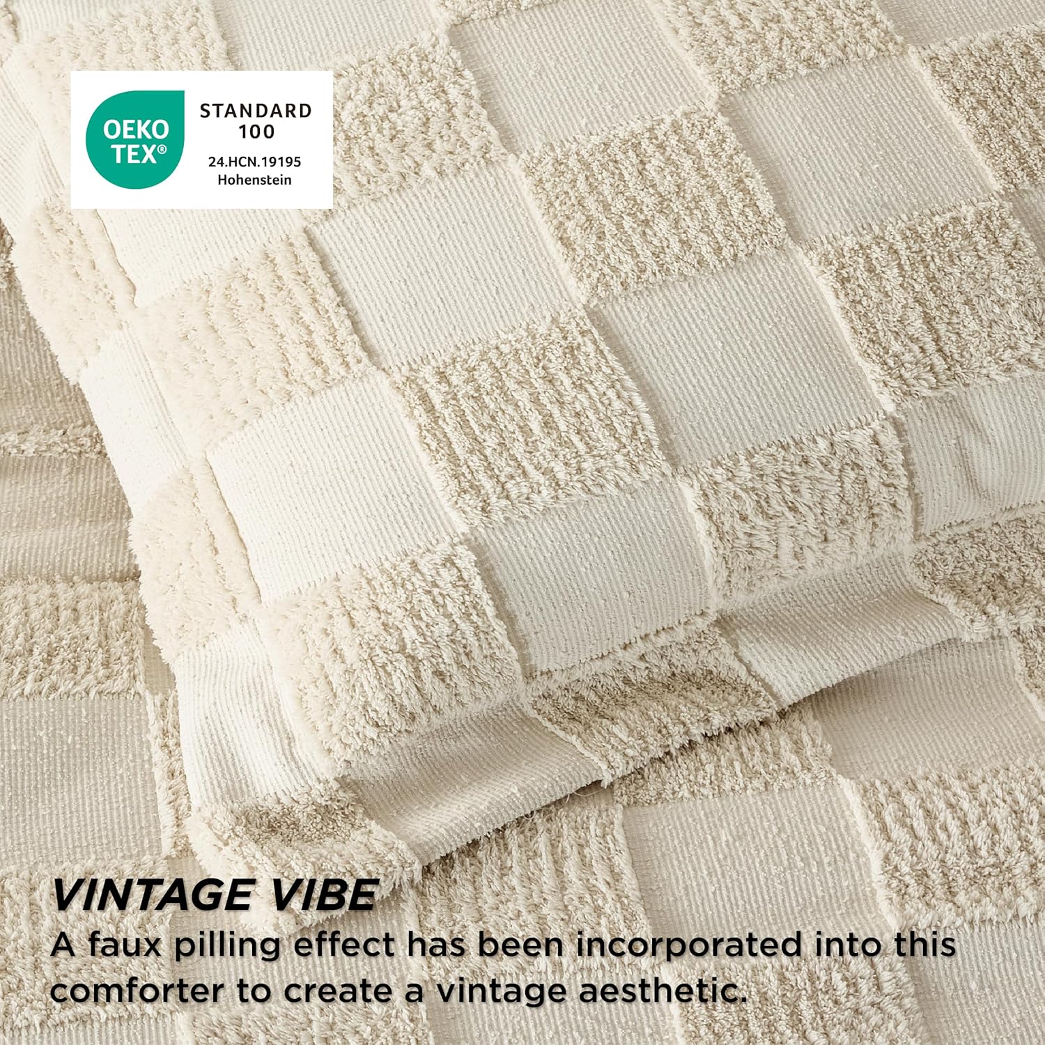 Bedsure King Size Comforter Set Beige, Boho Tufted Bed Set, Checkered Farmhouse Shabby Chic Bedding, 3 Pieces, 1 Plaid Geometric Comforter and 2 Pillow Shams