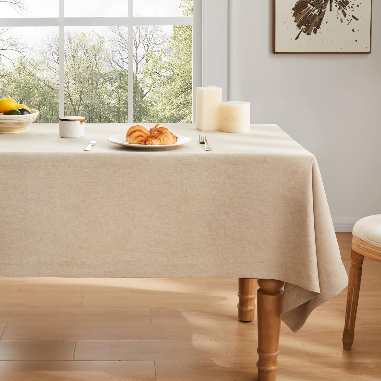 ZeeMart Basic Linen Textured Table Cloth, 60 x 120 Inch Natural, Farmhouse Style Beige Rectangle Tablecloth, Wrinkle Resistant Washable Heavy Weight TableCloths