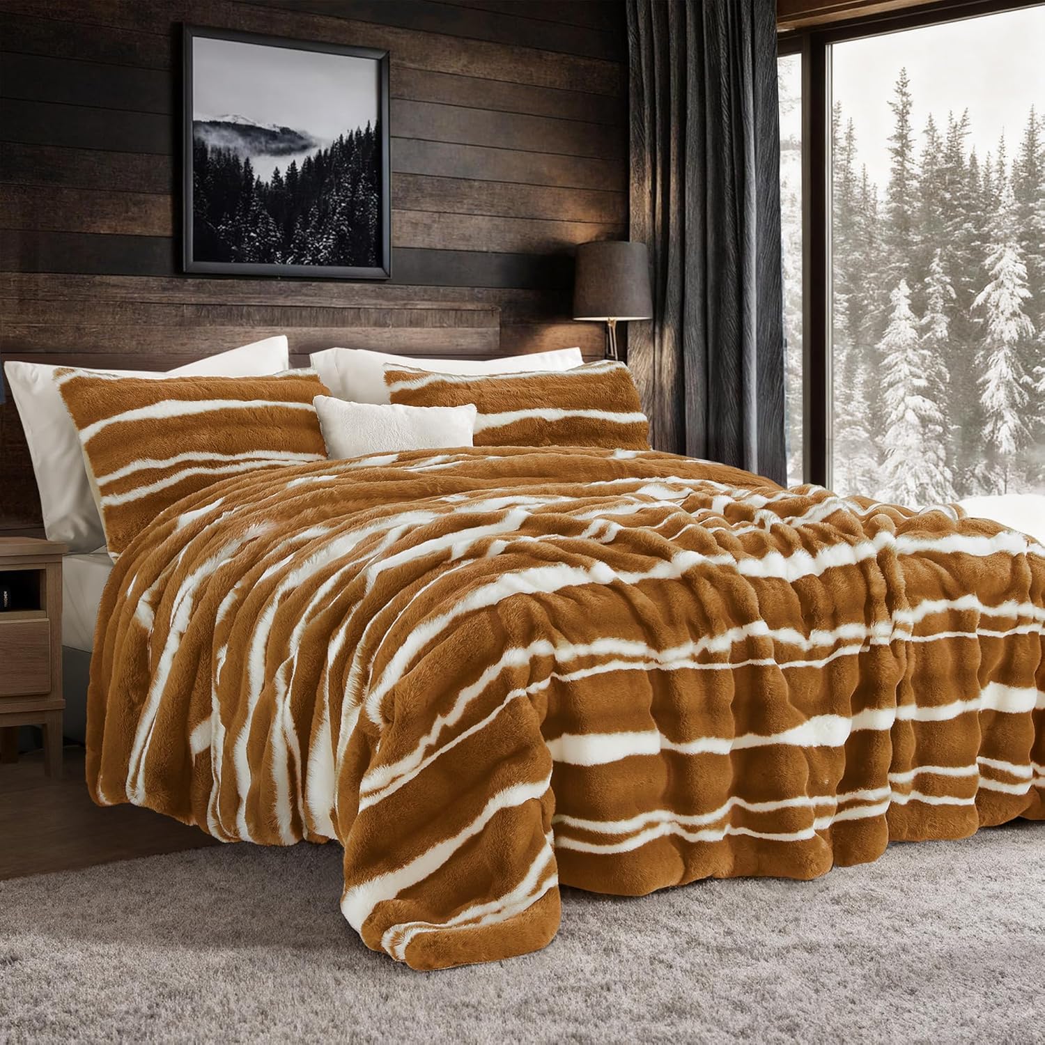 Wonderful 3 Pieces Fluffy Faux Rabbit Fur Bubble Comforter Set Queen Size, Tie-Dyeing Multiple Grey Plush Fuzzy Bedding Set, Warm Soft Bubble Comforter Bedding Set for Winter