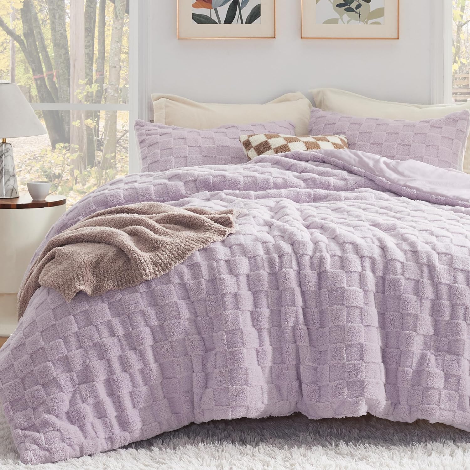 Bedsure King Size Comforter Set Beige, Boho Tufted Bed Set, Checkered Farmhouse Shabby Chic Bedding, 3 Pieces, 1 Plaid Geometric Comforter and 2 Pillow Shams