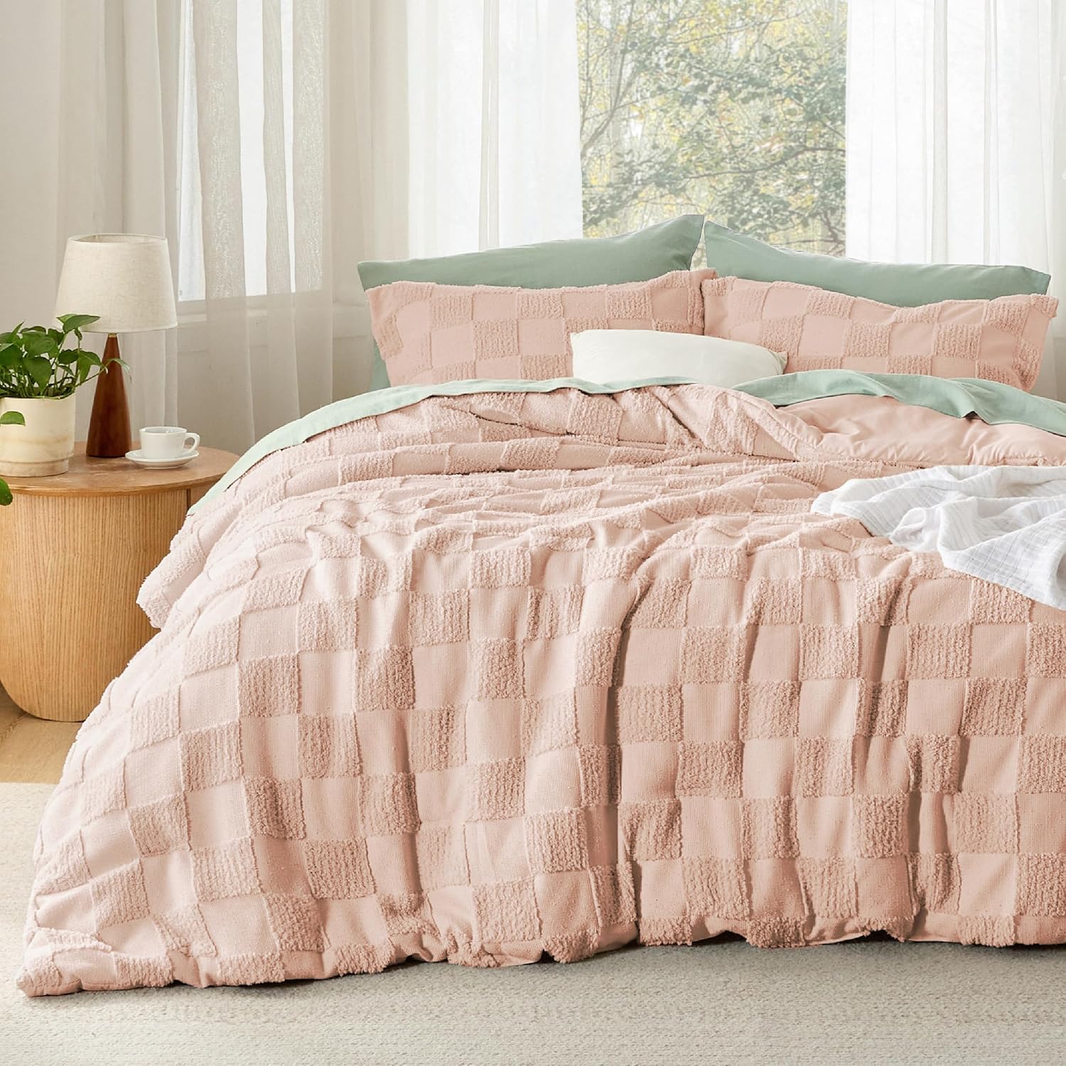 Bedsure King Size Comforter Set Beige, Boho Tufted Bed Set, Checkered Farmhouse Shabby Chic Bedding, 3 Pieces, 1 Plaid Geometric Comforter and 2 Pillow Shams