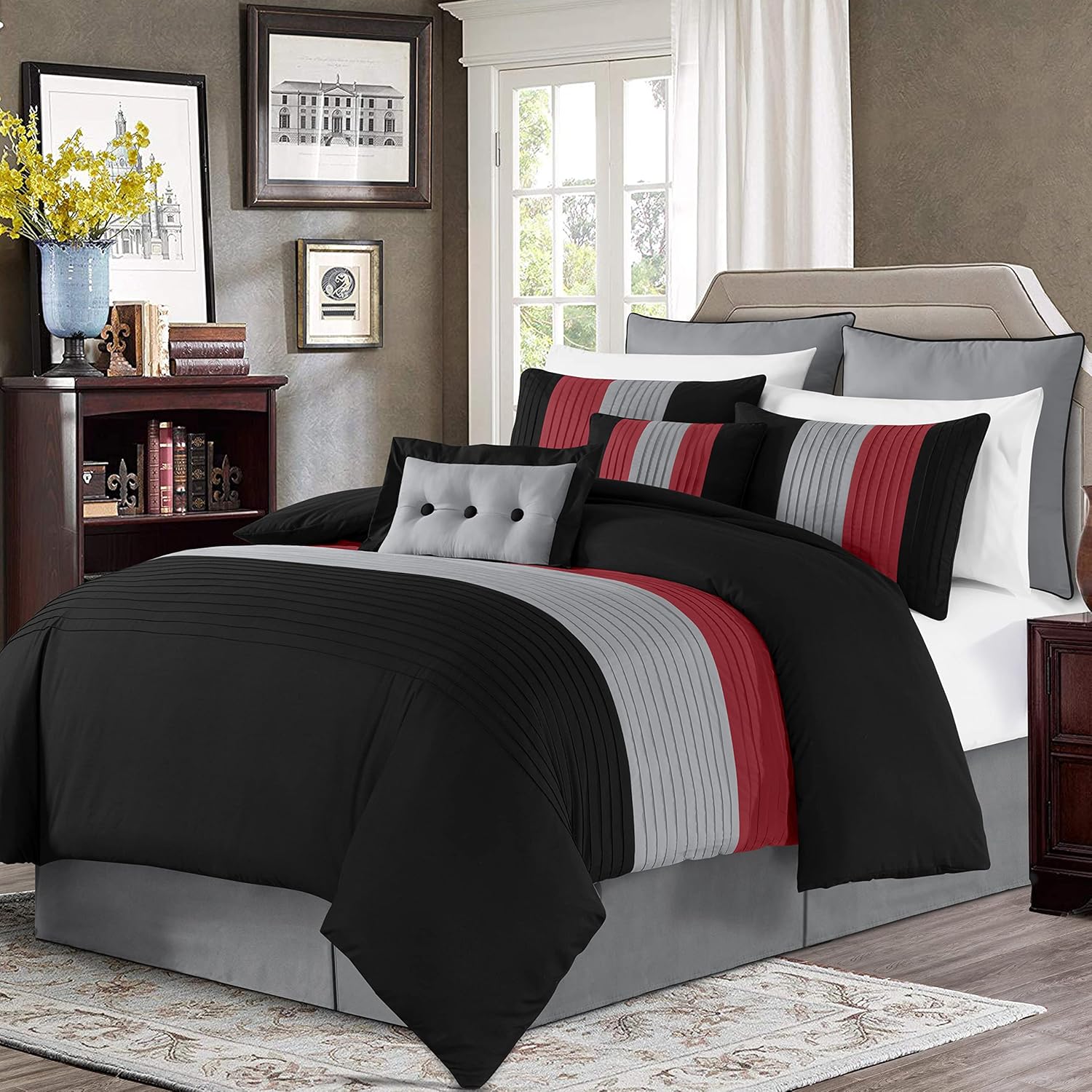 Chezmoi Collection Loft 8-Piece Luxury Striped Comforter Set (Queen, Black/Gray/White)