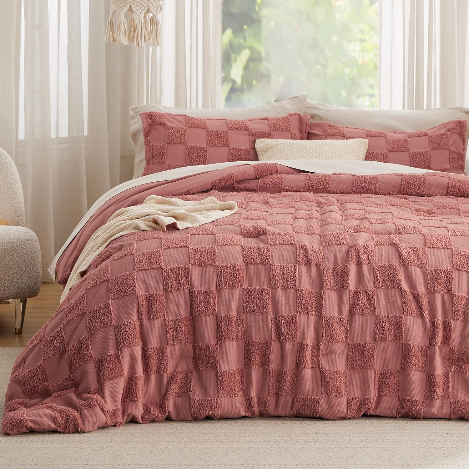 Bedsure King Size Comforter Set Beige, Boho Tufted Bed Set, Checkered Farmhouse Shabby Chic Bedding, 3 Pieces, 1 Plaid Geometric Comforter and 2 Pillow Shams