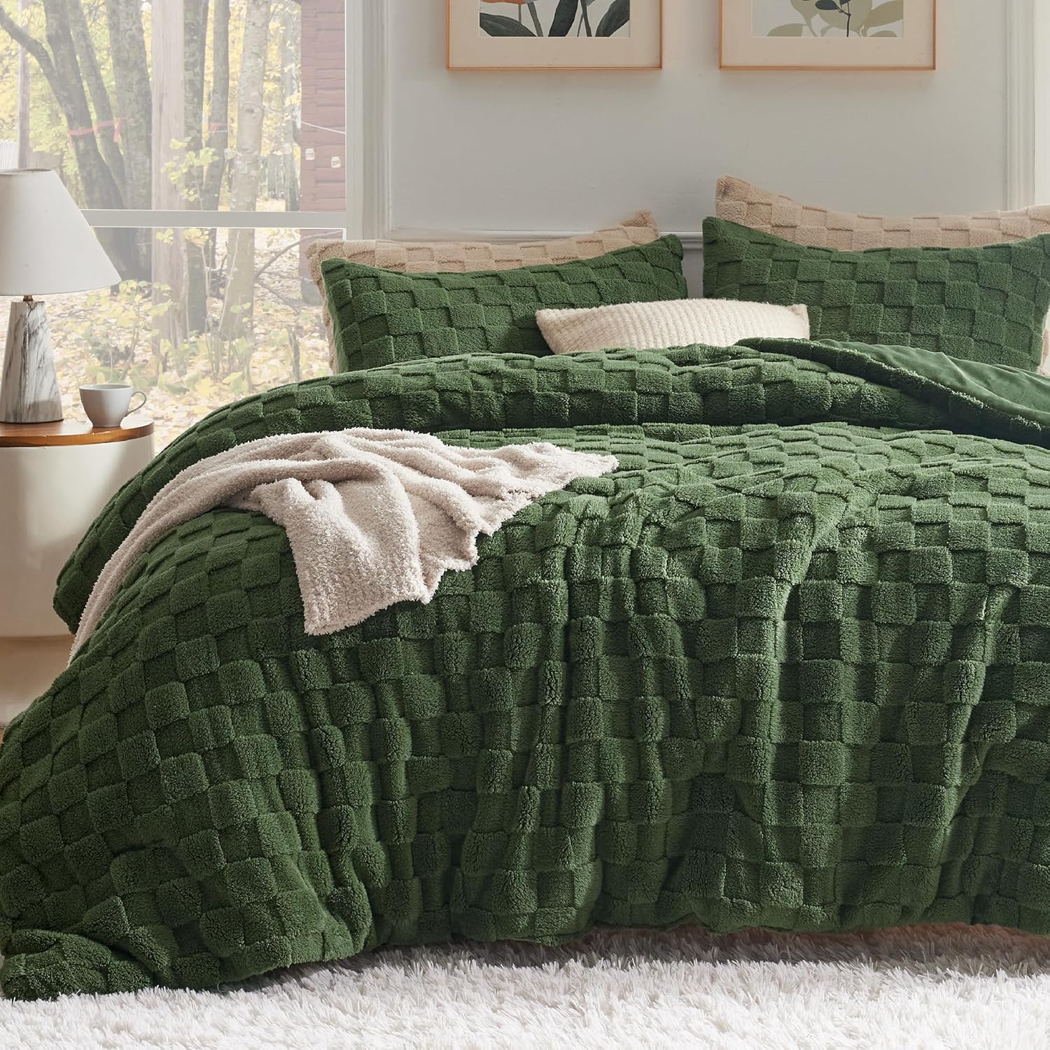 Bedsure King Size Comforter Set Beige, Boho Tufted Bed Set, Checkered Farmhouse Shabby Chic Bedding, 3 Pieces, 1 Plaid Geometric Comforter and 2 Pillow Shams