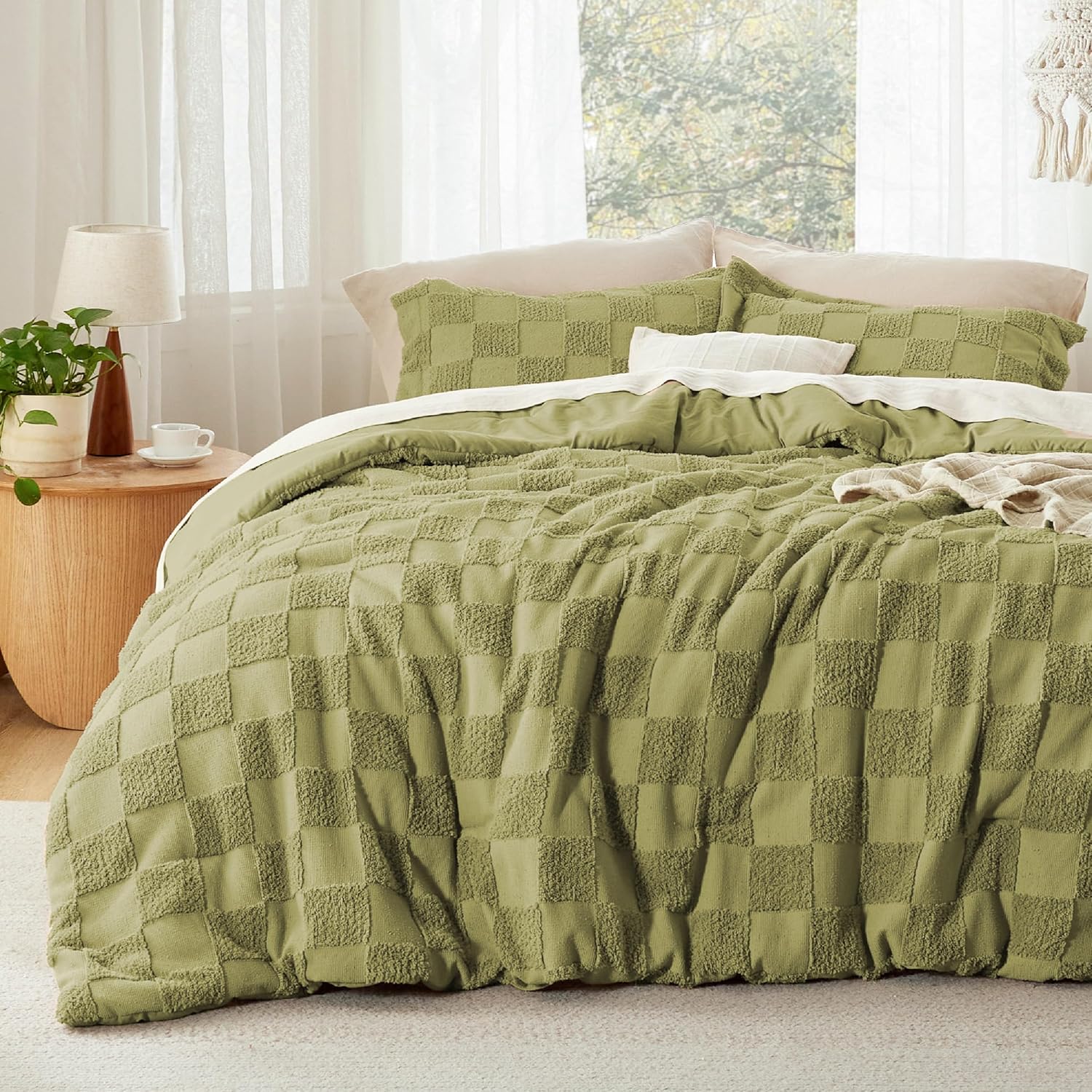 Bedsure King Size Comforter Set Beige, Boho Tufted Bed Set, Checkered Farmhouse Shabby Chic Bedding, 3 Pieces, 1 Plaid Geometric Comforter and 2 Pillow Shams