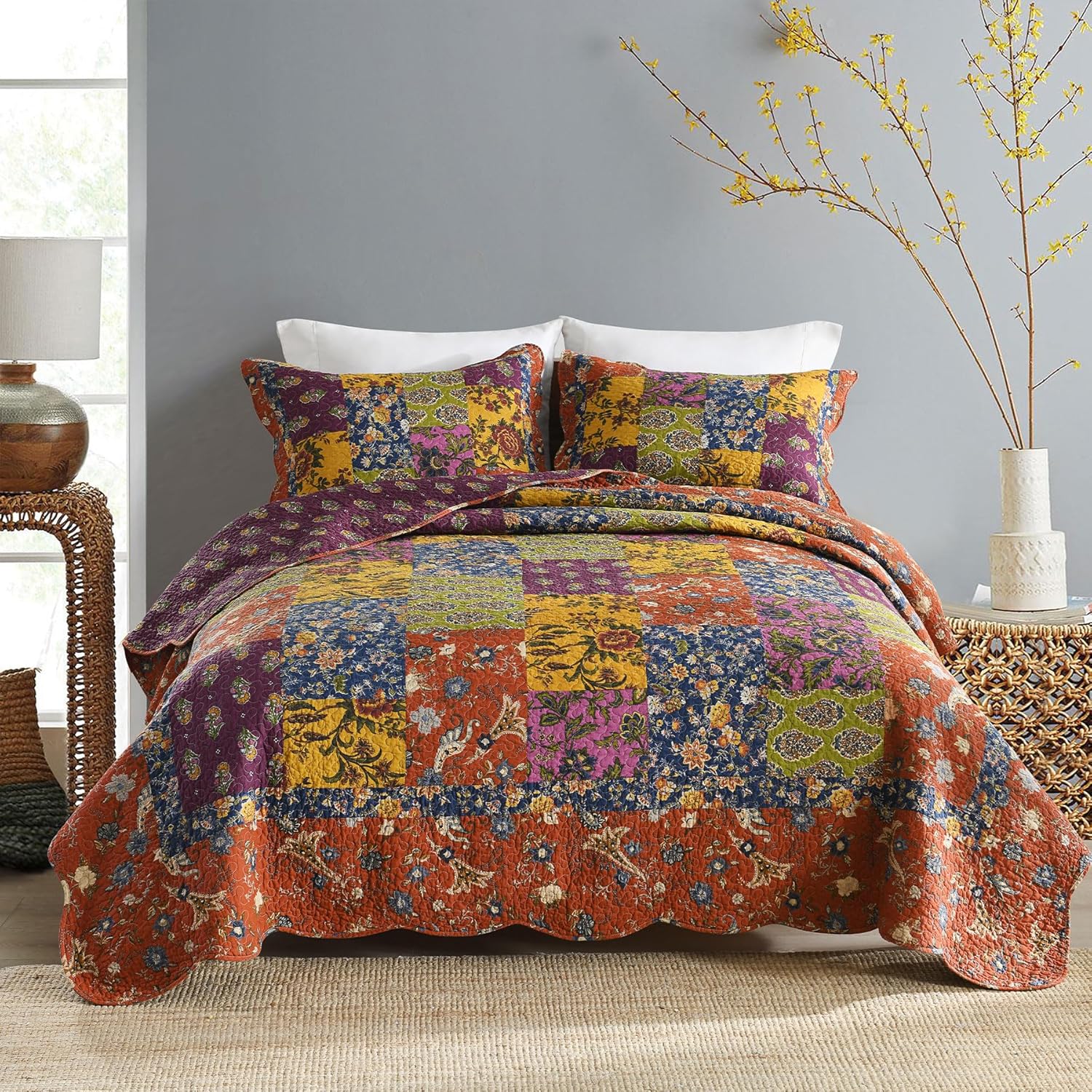 Secgo Queen Comforter Set for Bed - 100% Cotton Quilts Queen Size, Green, Sage Bedspreads (90 * 98 Inch) with 2 Pillow Shams, Patchwork Reversible Lightweight Bedding