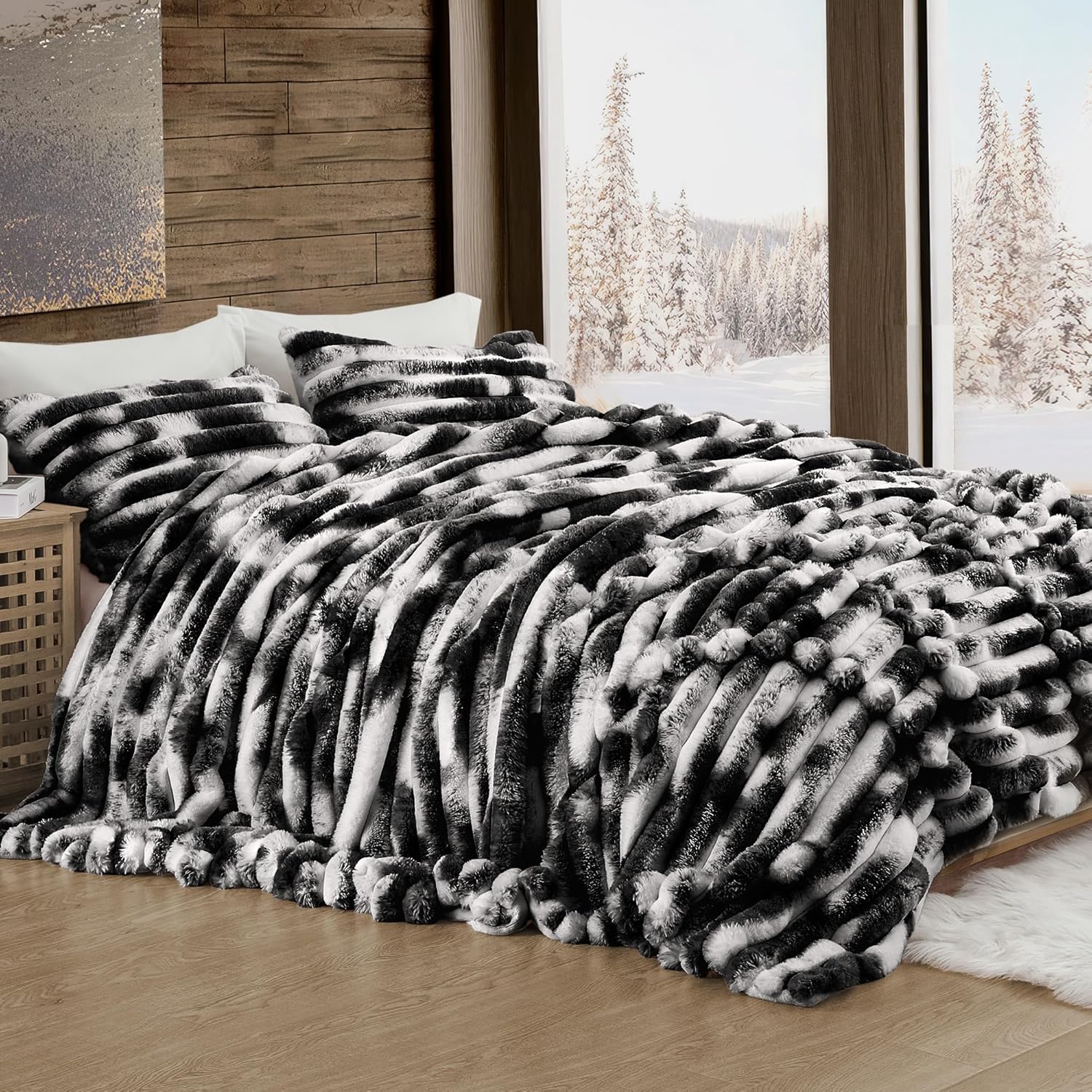 Wonderful 3 Pieces Fluffy Faux Rabbit Fur Bubble Comforter Set Queen Size, Tie-Dyeing Multiple Grey Plush Fuzzy Bedding Set, Warm Soft Bubble Comforter Bedding Set for Winter