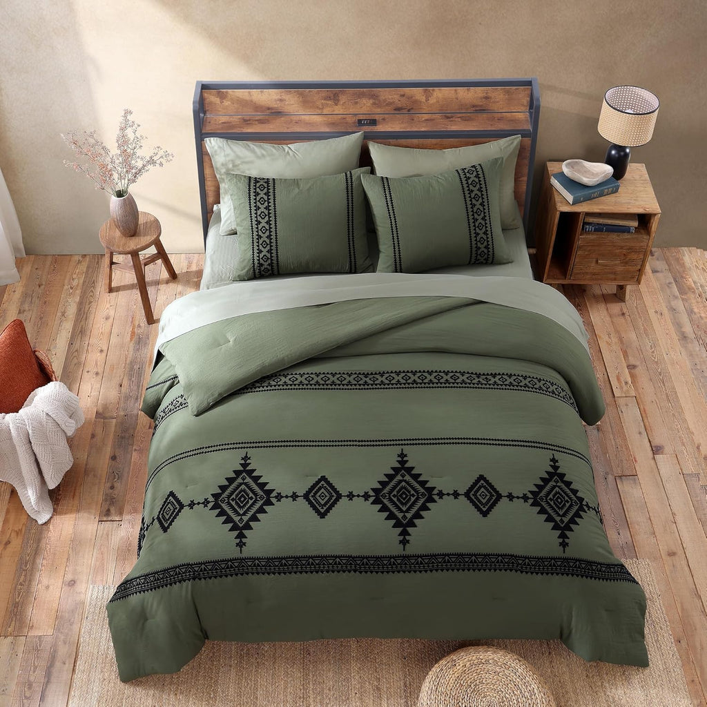 MaiRêve Embroidery Comforter Sets King Size Olive Green - 7 Pieces, Farmhouse Western Bedding Comforter Set, All Season Bed in A Bag King with Sheets, Comforters, Pillowcases & Shams