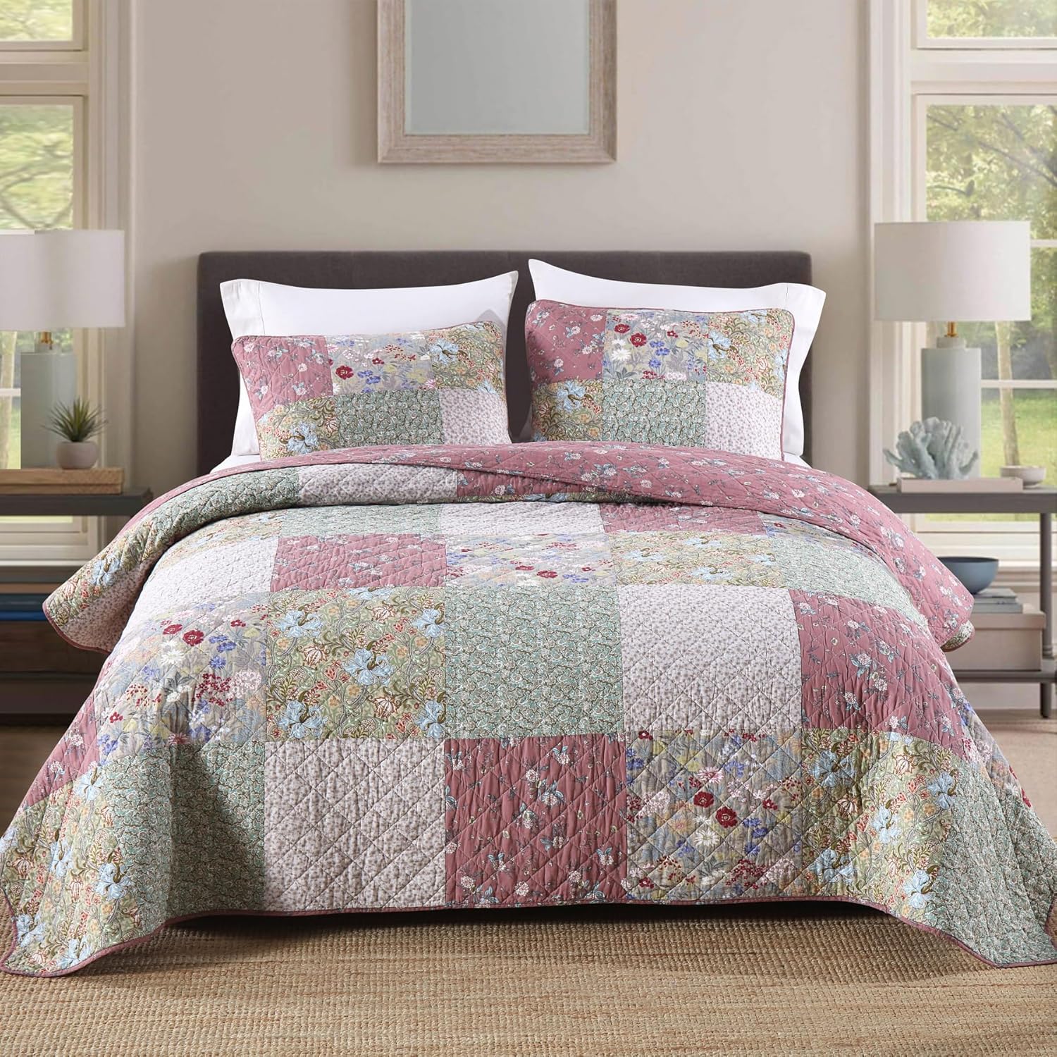 Secgo Queen Comforter Set for Bed - 100% Cotton Quilts Queen Size, Green, Sage Bedspreads (90 * 98 Inch) with 2 Pillow Shams, Patchwork Reversible Lightweight Bedding