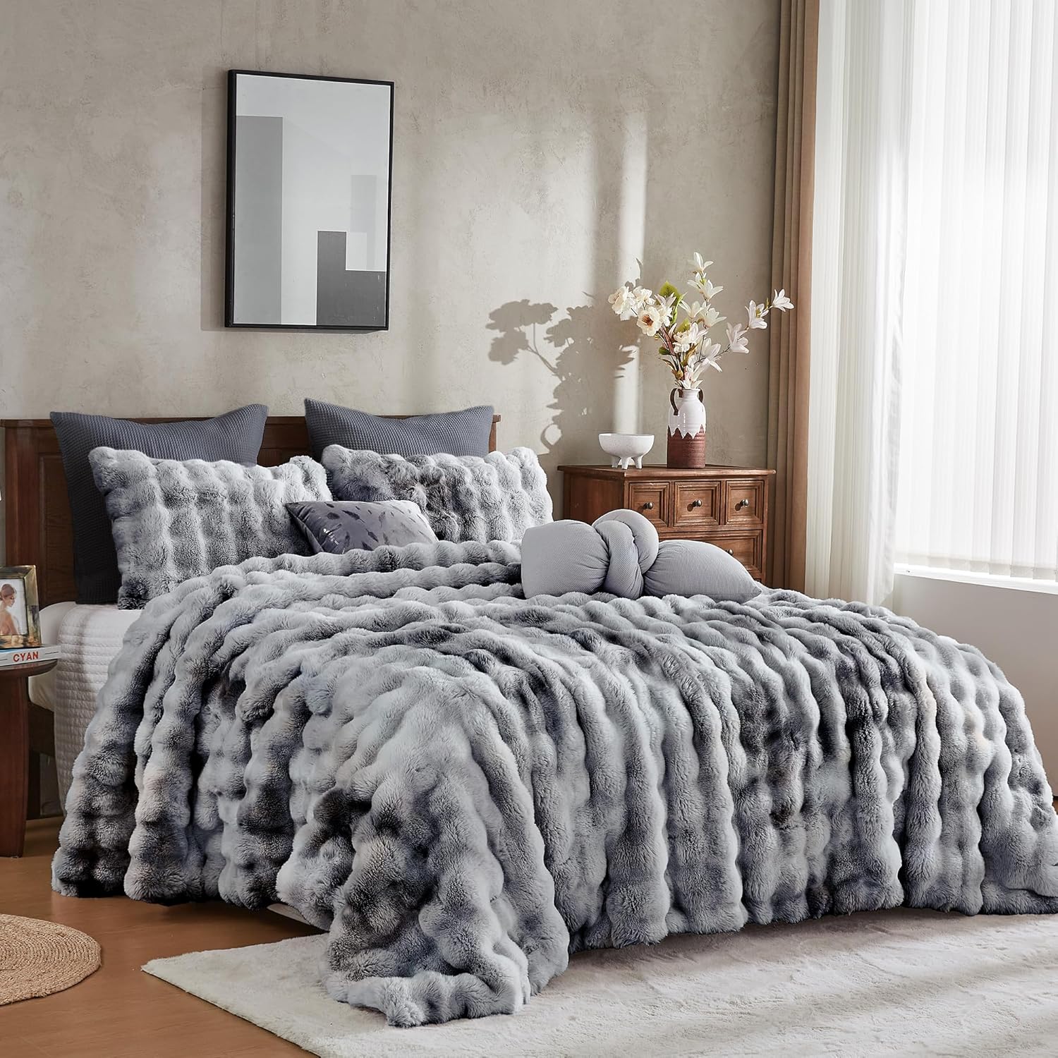 Wonderful 3 Pieces Fluffy Faux Rabbit Fur Bubble Comforter Set Queen Size, Tie-Dyeing Multiple Grey Plush Fuzzy Bedding Set, Warm Soft Bubble Comforter Bedding Set for Winter