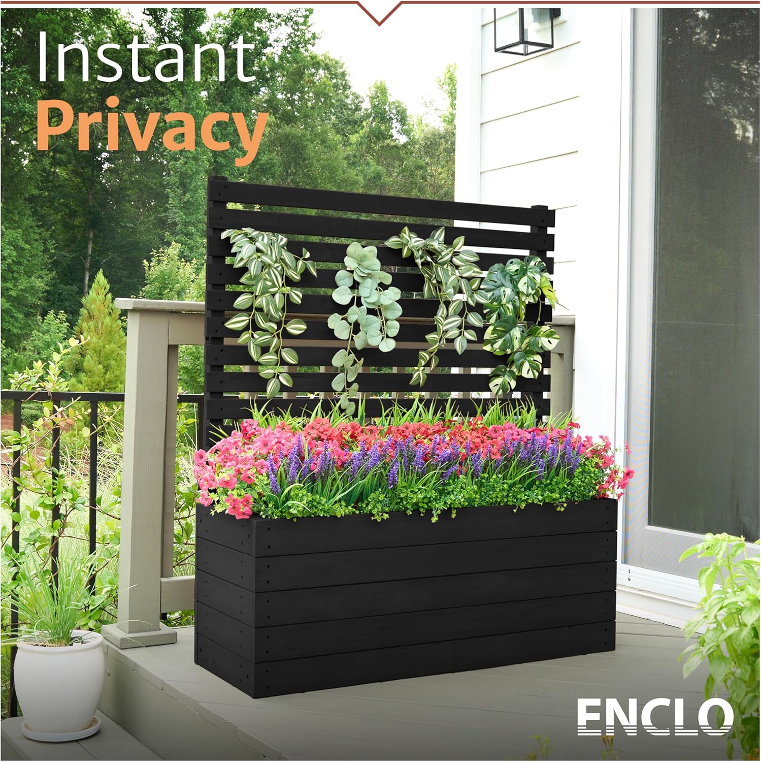 4 ft H x 3.5 ft W x 1.2 ft L Enclo Wood Privacy Screen with Planter Box, Raised Garden Bed with Trellis for Climbing Plants Outdoor, Privacy Planter for Patio, Balcony or Deck, Tacoma Charcoal EC18048
