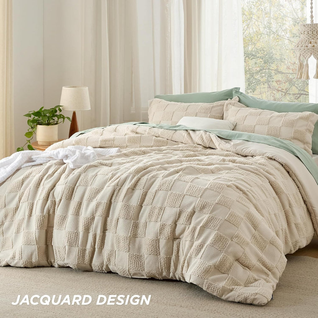 Bedsure King Size Comforter Set Beige, Boho Tufted Bed Set, Checkered Farmhouse Shabby Chic Bedding, 3 Pieces, 1 Plaid Geometric Comforter and 2 Pillow Shams