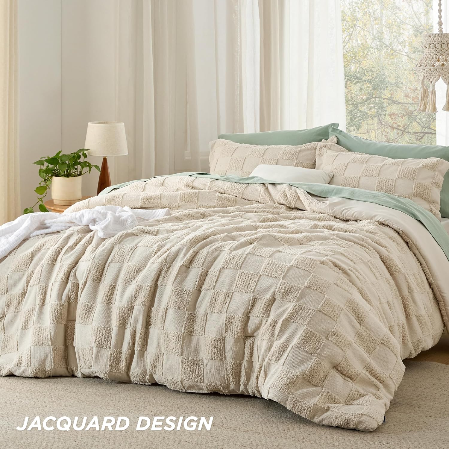 Bedsure King Size Comforter Set Beige, Boho Tufted Bed Set, Checkered Farmhouse Shabby Chic Bedding, 3 Pieces, 1 Plaid Geometric Comforter and 2 Pillow Shams