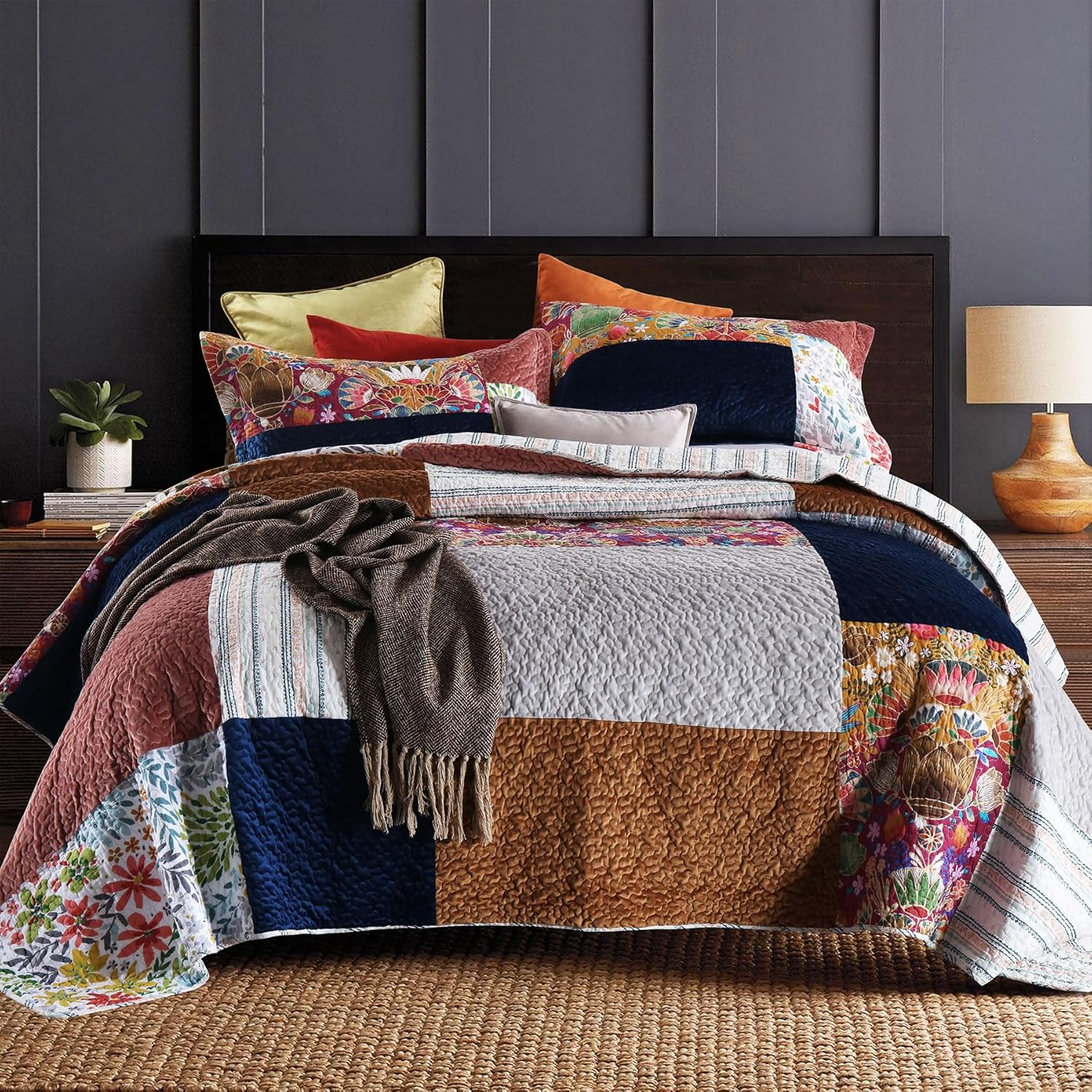 Secgo Queen Comforter Set for Bed - 100% Cotton Quilts Queen Size, Green, Sage Bedspreads (90 * 98 Inch) with 2 Pillow Shams, Patchwork Reversible Lightweight Bedding