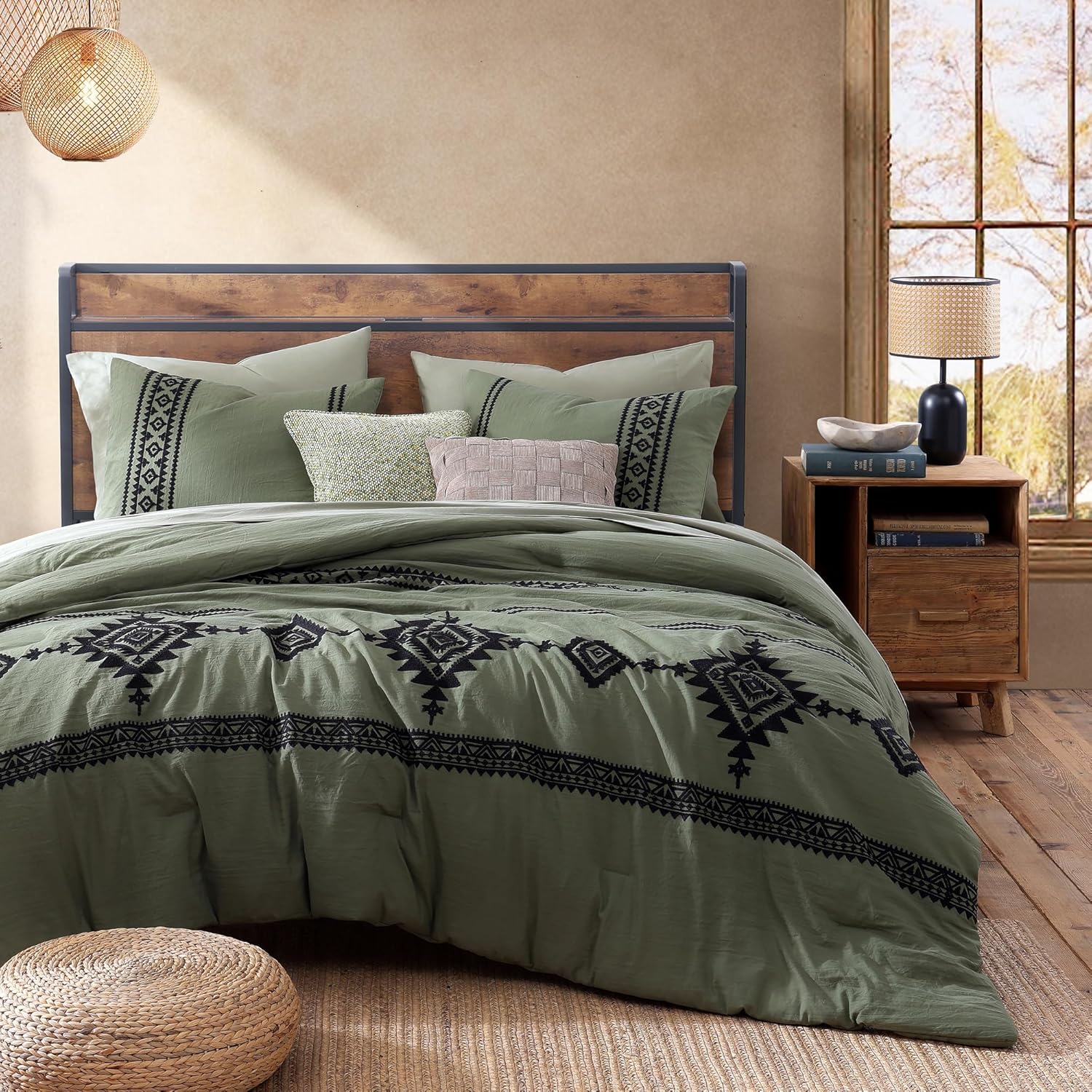 MaiRêve Embroidery Comforter Sets King Size Olive Green - 7 Pieces, Farmhouse Western Bedding Comforter Set, All Season Bed in A Bag King with Sheets, Comforters, Pillowcases & Shams