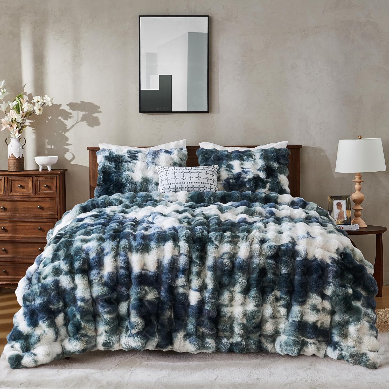 Wonderful 3 Pieces Fluffy Faux Rabbit Fur Bubble Comforter Set Queen Size, Tie-Dyeing Multiple Grey Plush Fuzzy Bedding Set, Warm Soft Bubble Comforter Bedding Set for Winter