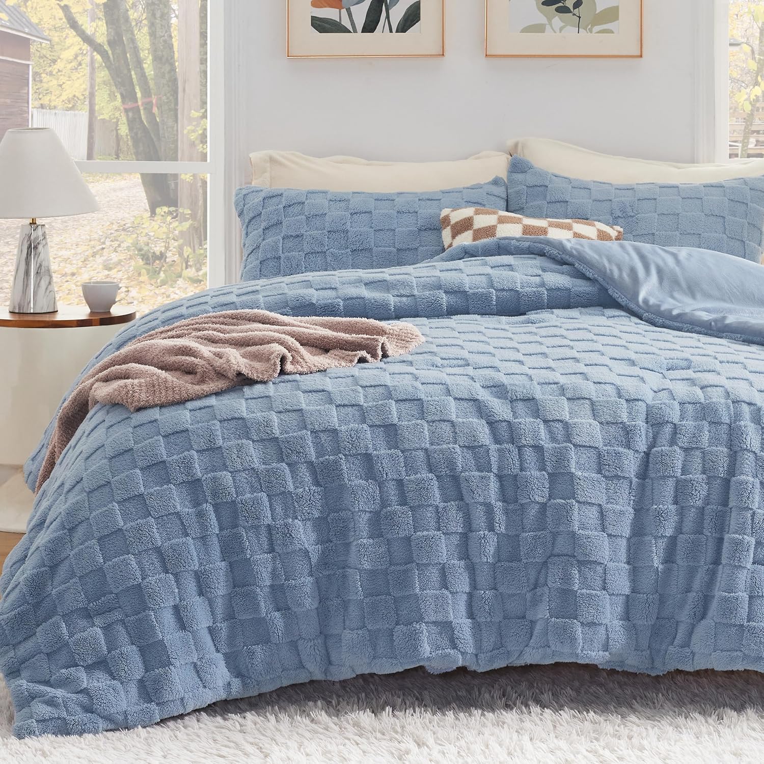 Bedsure King Size Comforter Set Beige, Boho Tufted Bed Set, Checkered Farmhouse Shabby Chic Bedding, 3 Pieces, 1 Plaid Geometric Comforter and 2 Pillow Shams