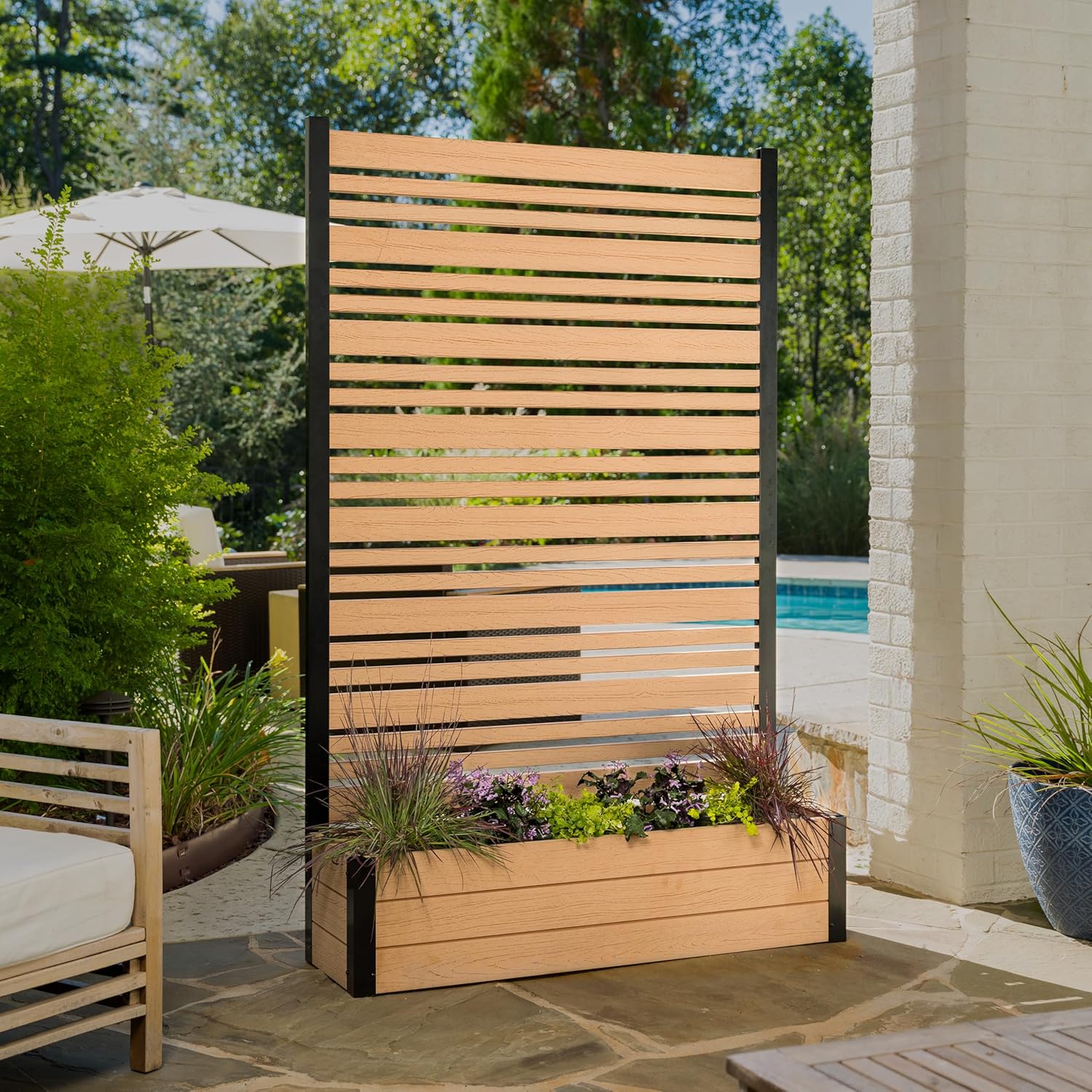 4 ft H x 3.5 ft W x 1.2 ft L Enclo Wood Privacy Screen with Planter Box, Raised Garden Bed with Trellis for Climbing Plants Outdoor, Privacy Planter for Patio, Balcony or Deck, Tacoma Charcoal EC18048