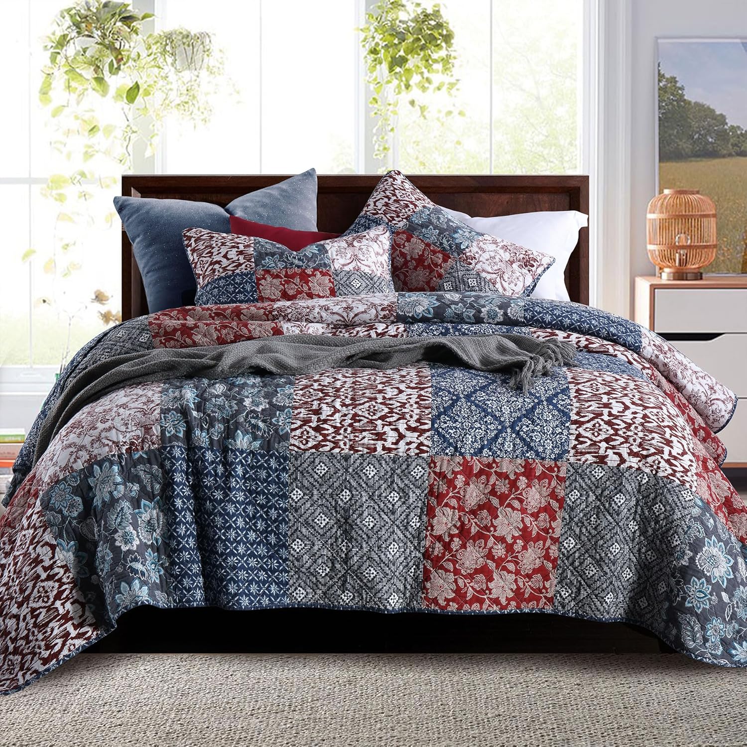 Secgo Queen Comforter Set for Bed - 100% Cotton Quilts Queen Size, Green, Sage Bedspreads (90 * 98 Inch) with 2 Pillow Shams, Patchwork Reversible Lightweight Bedding