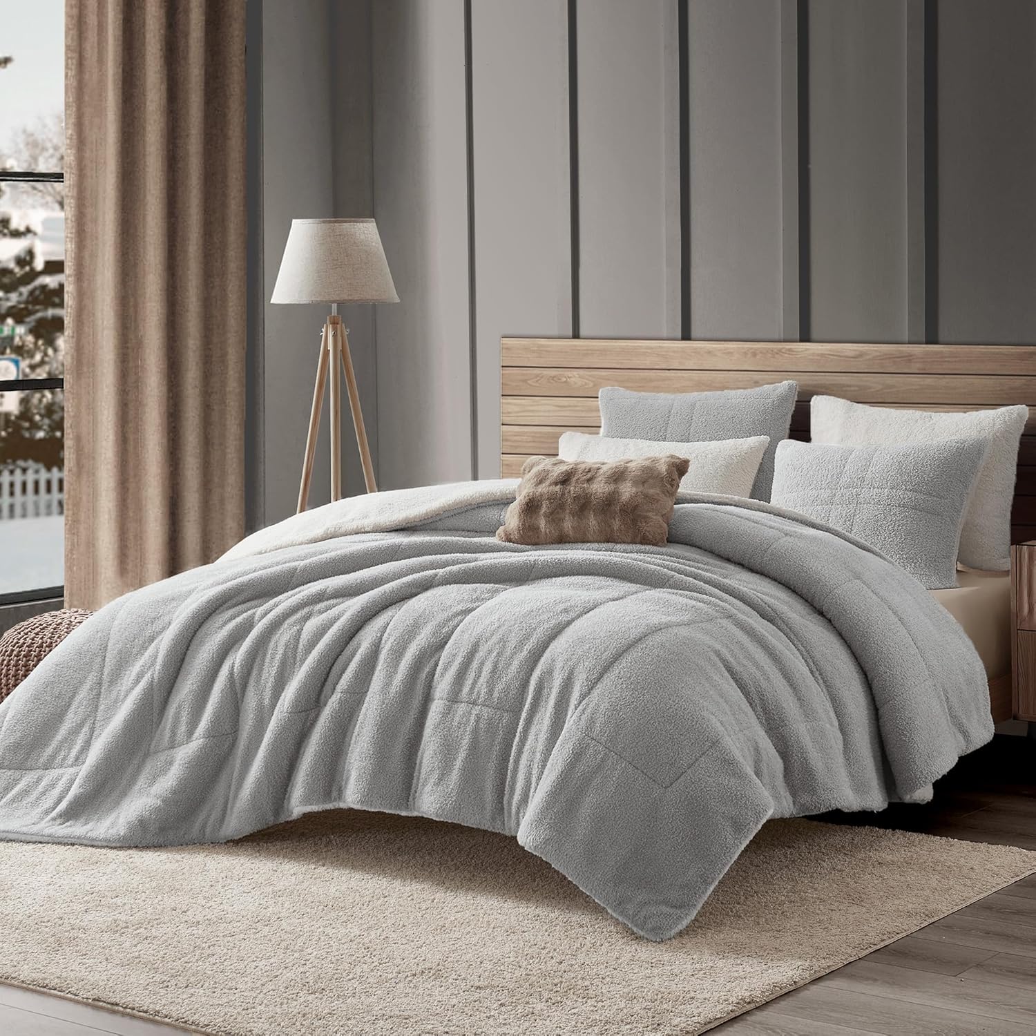 Wonderful 3 Pieces Fluffy Faux Rabbit Fur Bubble Comforter Set Queen Size, Tie-Dyeing Multiple Grey Plush Fuzzy Bedding Set, Warm Soft Bubble Comforter Bedding Set for Winter