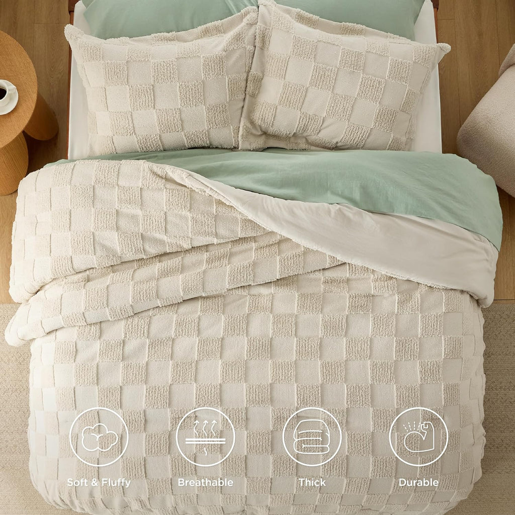 Bedsure King Size Comforter Set Beige, Boho Tufted Bed Set, Checkered Farmhouse Shabby Chic Bedding, 3 Pieces, 1 Plaid Geometric Comforter and 2 Pillow Shams