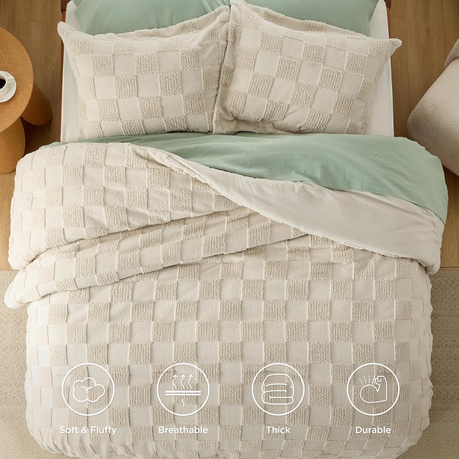 Bedsure King Size Comforter Set Beige, Boho Tufted Bed Set, Checkered Farmhouse Shabby Chic Bedding, 3 Pieces, 1 Plaid Geometric Comforter and 2 Pillow Shams