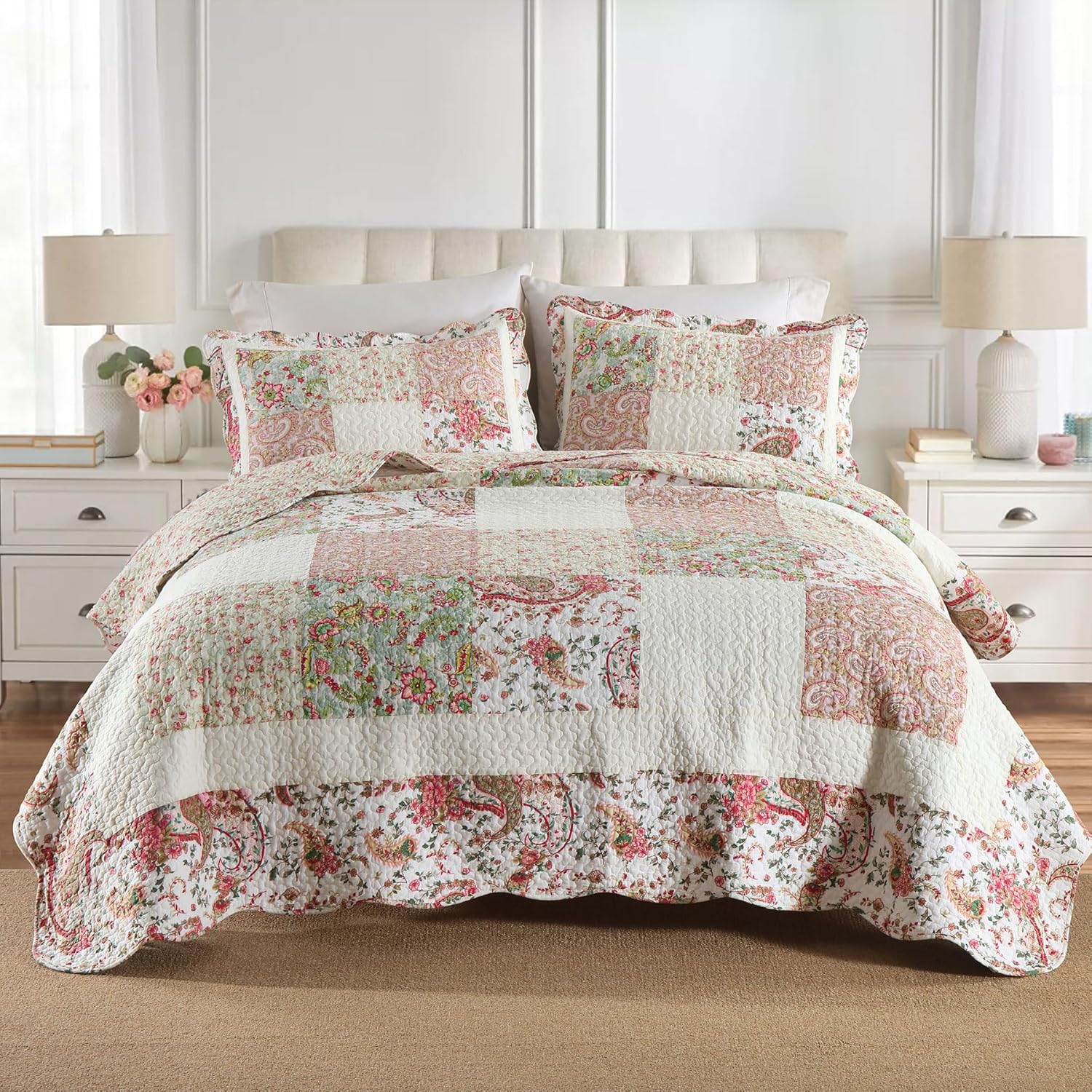 Secgo Queen Comforter Set for Bed - 100% Cotton Quilts Queen Size, Green, Sage Bedspreads (90 * 98 Inch) with 2 Pillow Shams, Patchwork Reversible Lightweight Bedding