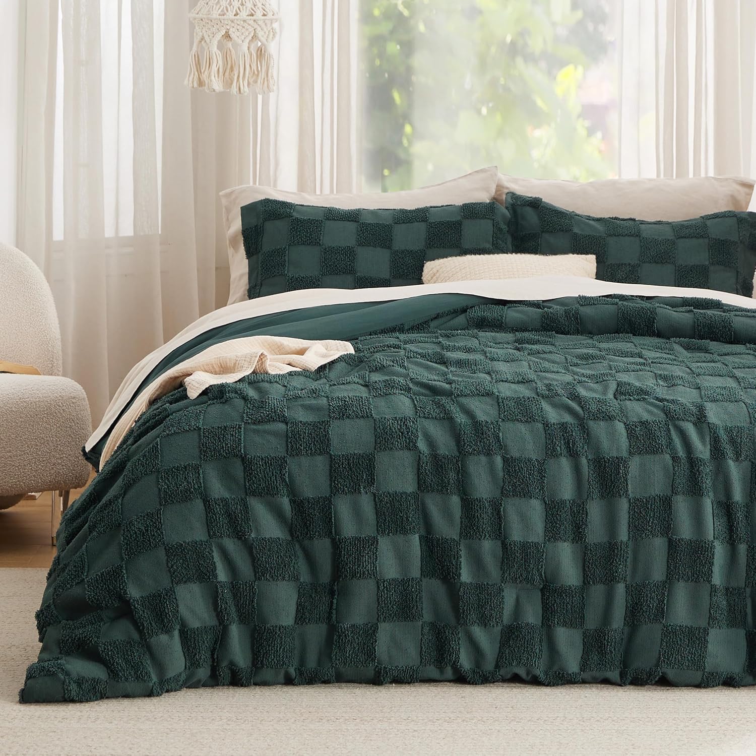 Bedsure King Size Comforter Set Beige, Boho Tufted Bed Set, Checkered Farmhouse Shabby Chic Bedding, 3 Pieces, 1 Plaid Geometric Comforter and 2 Pillow Shams