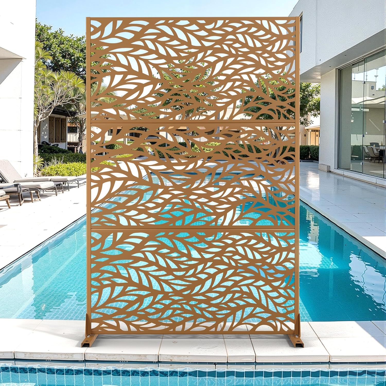 Metal Privacy Screen for Outdoor & Indoor Use, Free Standing Privacy Screen for Patio Garden Pool, 72" H x 47" W Decoative Privacy Panels, Weather Resistant, Easy Assembly (Oak Grain)