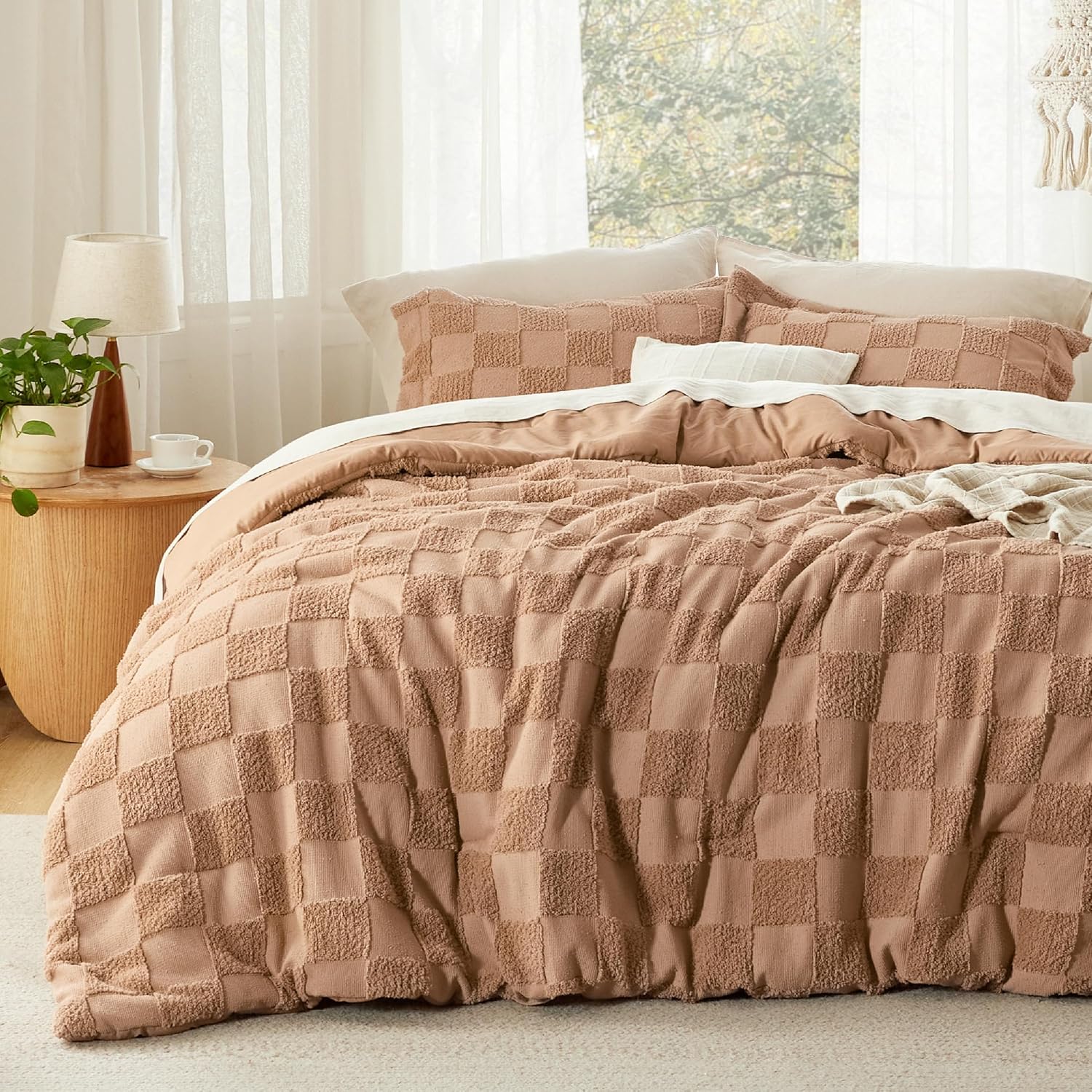 Bedsure King Size Comforter Set Beige, Boho Tufted Bed Set, Checkered Farmhouse Shabby Chic Bedding, 3 Pieces, 1 Plaid Geometric Comforter and 2 Pillow Shams