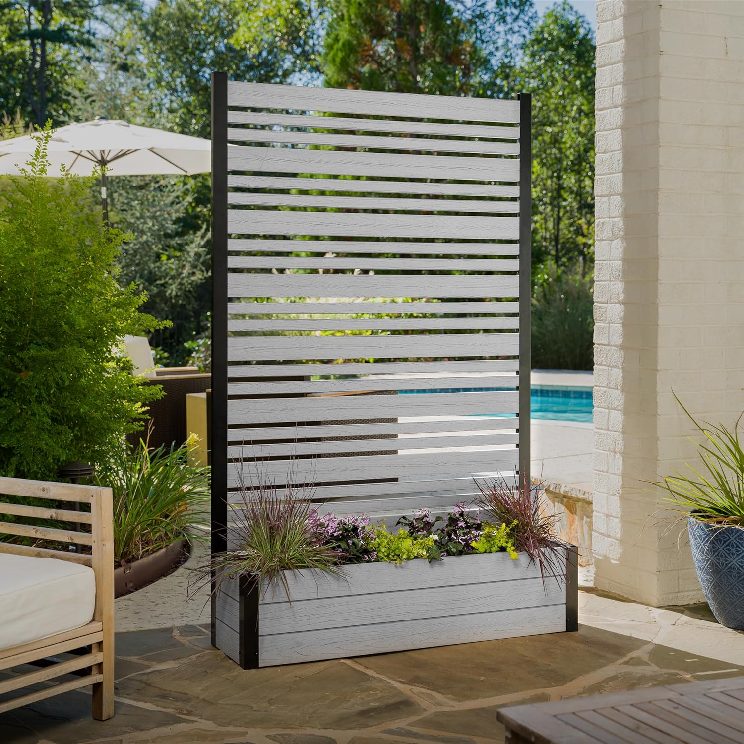 4 ft H x 3.5 ft W x 1.2 ft L Enclo Wood Privacy Screen with Planter Box, Raised Garden Bed with Trellis for Climbing Plants Outdoor, Privacy Planter for Patio, Balcony or Deck, Tacoma Charcoal EC18048