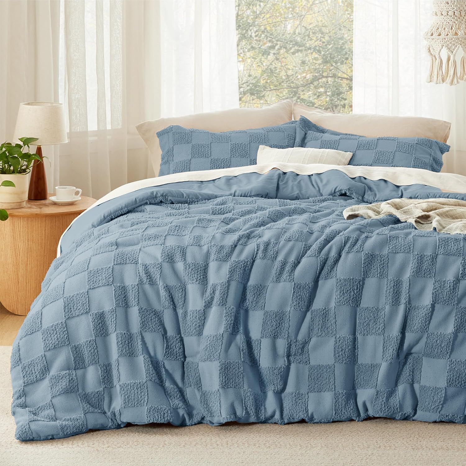 Bedsure King Size Comforter Set Beige, Boho Tufted Bed Set, Checkered Farmhouse Shabby Chic Bedding, 3 Pieces, 1 Plaid Geometric Comforter and 2 Pillow Shams