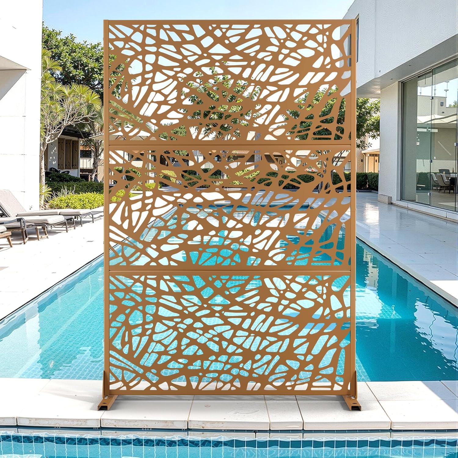 Metal Privacy Screen for Outdoor & Indoor Use, Free Standing Privacy Screen for Patio Garden Pool, 72" H x 47" W Decoative Privacy Panels, Weather Resistant, Easy Assembly (Oak Grain)