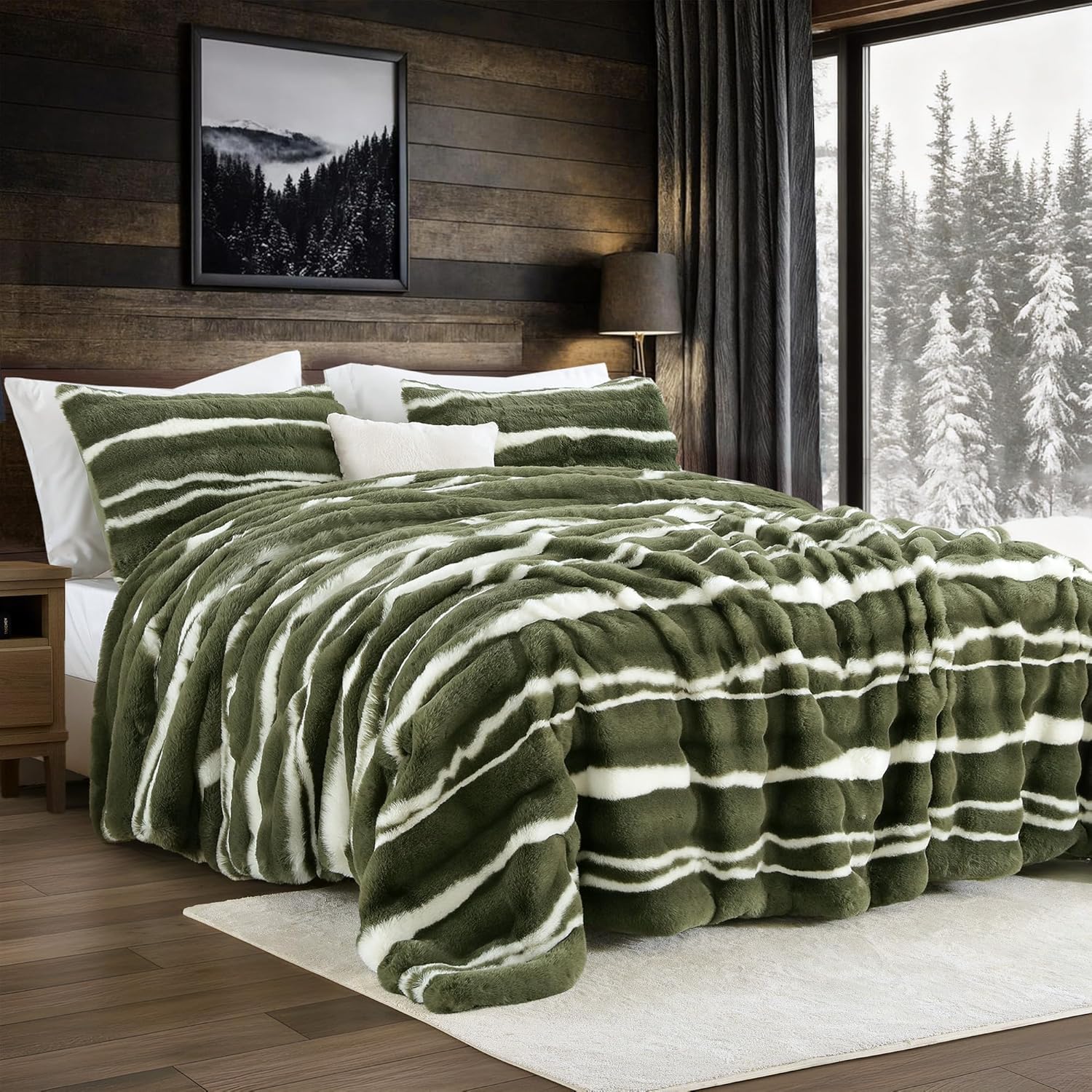 Wonderful 3 Pieces Fluffy Faux Rabbit Fur Bubble Comforter Set Queen Size, Tie-Dyeing Multiple Grey Plush Fuzzy Bedding Set, Warm Soft Bubble Comforter Bedding Set for Winter