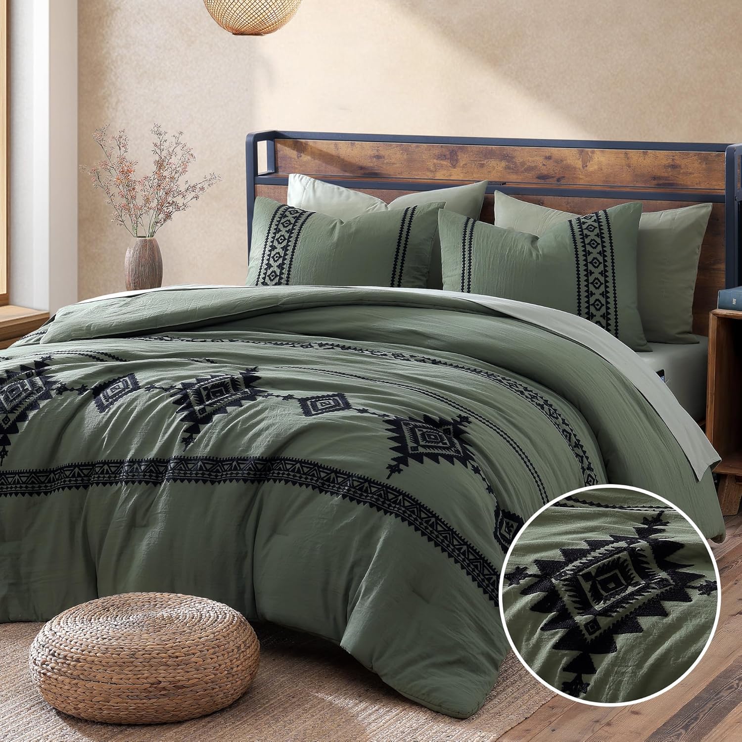 MaiRêve Embroidery Comforter Sets King Size Olive Green - 7 Pieces, Farmhouse Western Bedding Comforter Set, All Season Bed in A Bag King with Sheets, Comforters, Pillowcases & Shams