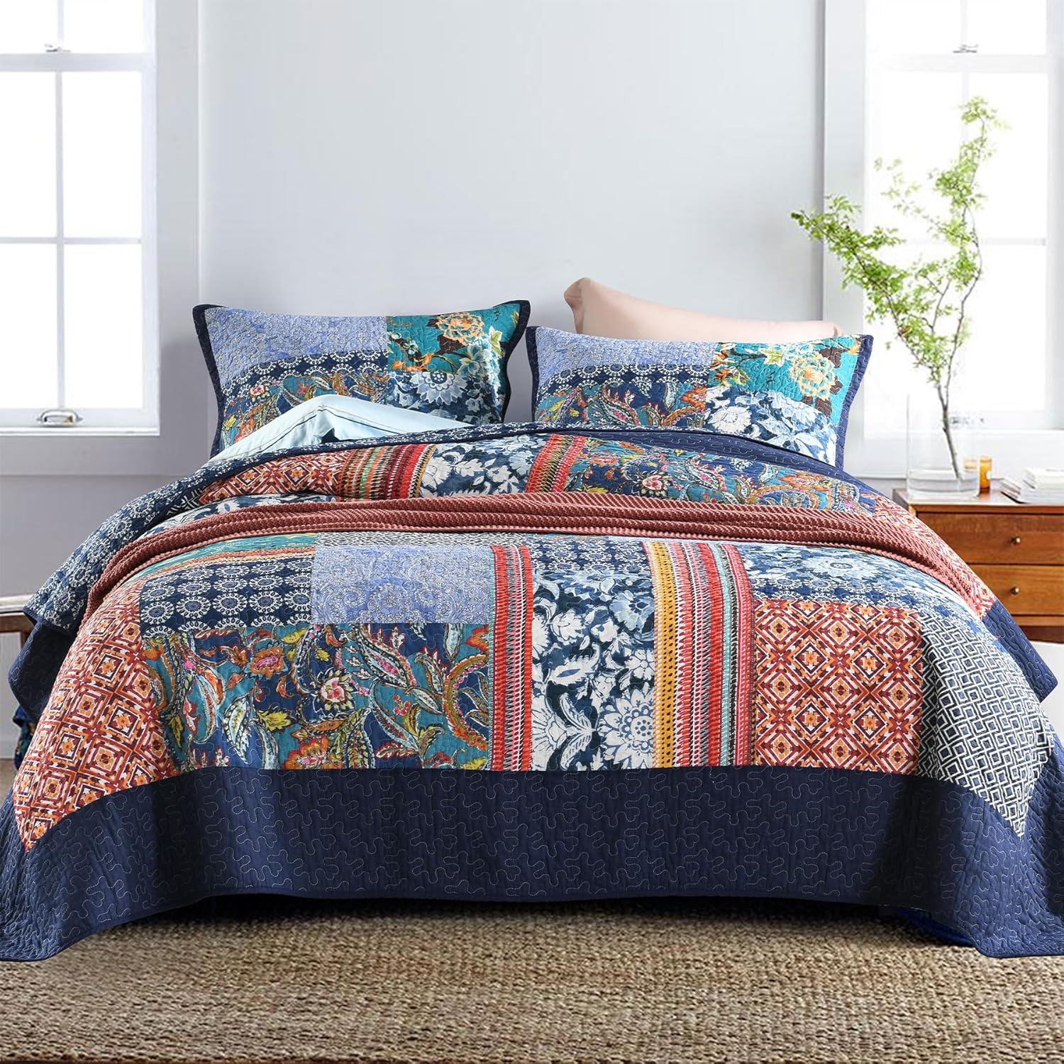 Secgo Queen Comforter Set for Bed - 100% Cotton Quilts Queen Size, Green, Sage Bedspreads (90 * 98 Inch) with 2 Pillow Shams, Patchwork Reversible Lightweight Bedding