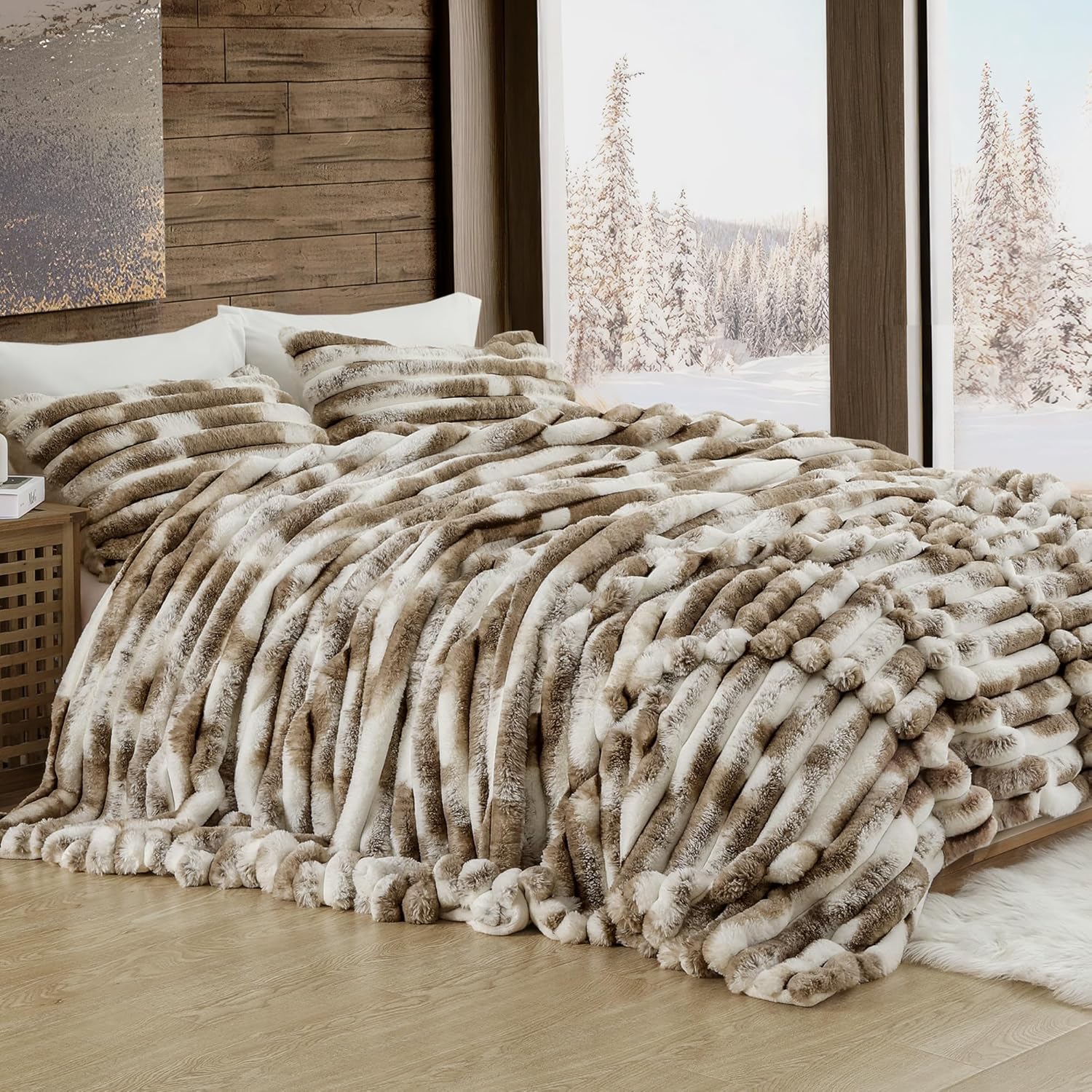 Wonderful 3 Pieces Fluffy Faux Rabbit Fur Bubble Comforter Set Queen Size, Tie-Dyeing Multiple Grey Plush Fuzzy Bedding Set, Warm Soft Bubble Comforter Bedding Set for Winter